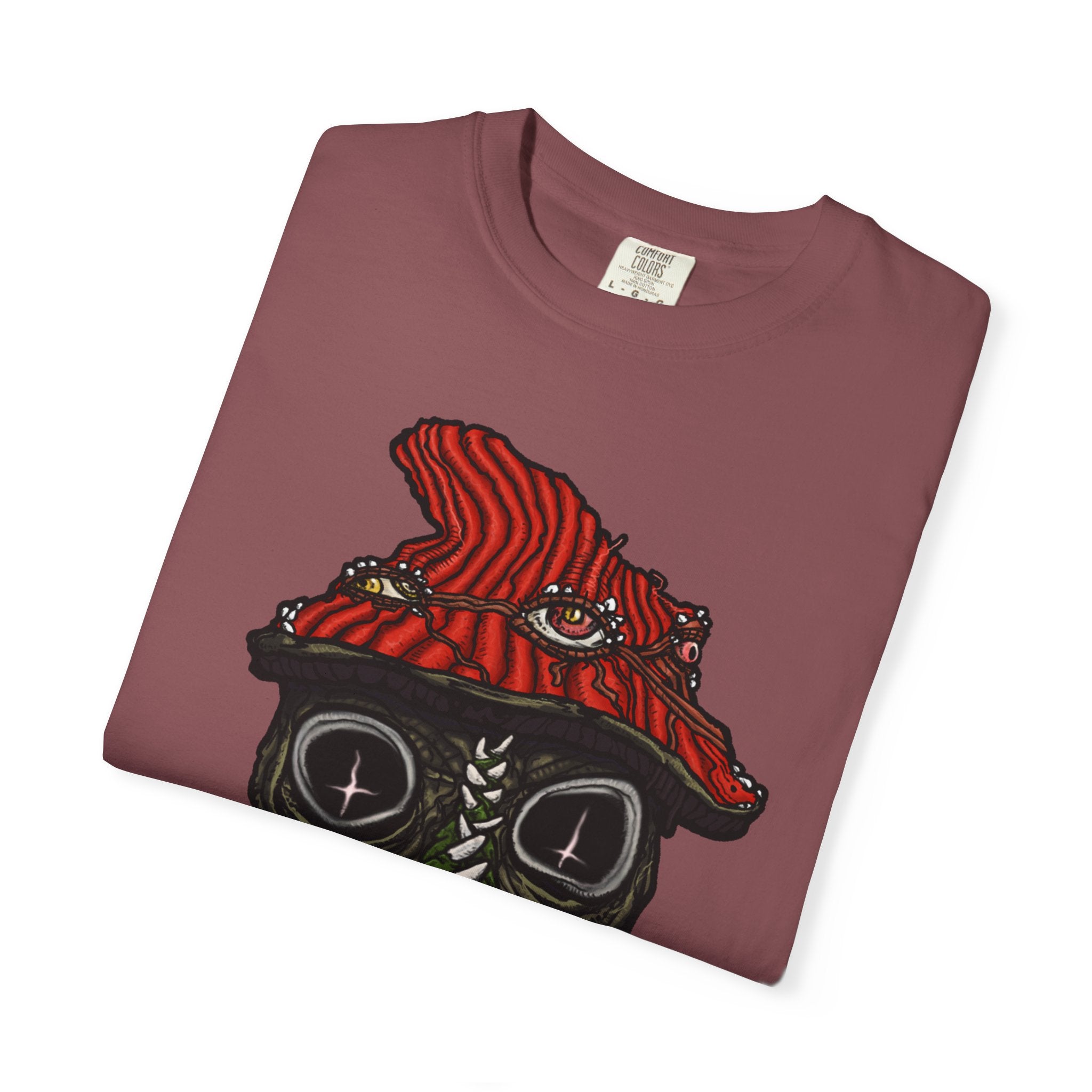 Freaky Features Mushroom Boy t-shirt, front shows grotesque mushroom skull with red cap and multiple eyes, back shows open pizza box with rainbow sprinkle donut
