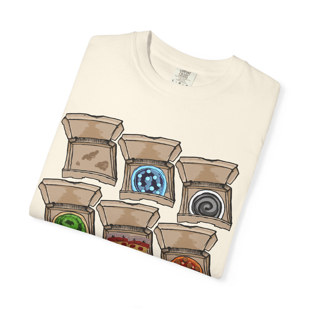 Hand-drawn PizzaBytes Set #2 t-shirt showing a 3x3 grid of open pizza boxes with various weird designs like ice pizza , jelly and bird nest from PizzaBytes collection

