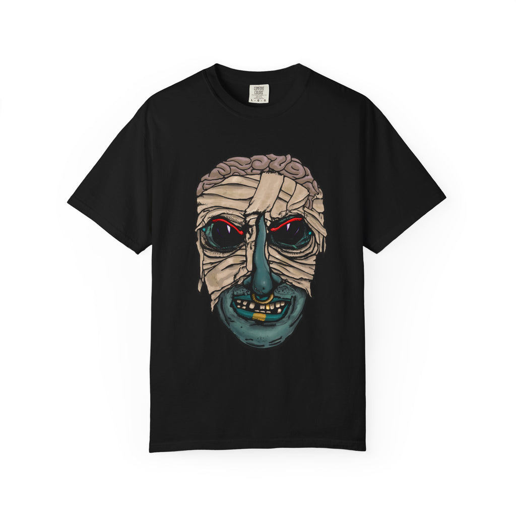 Freaky Features Mummy t-shirt, front shows bandaged mummy head with exposed brain and glowing eyes, back shows open pizza box with brain pizza and worms
