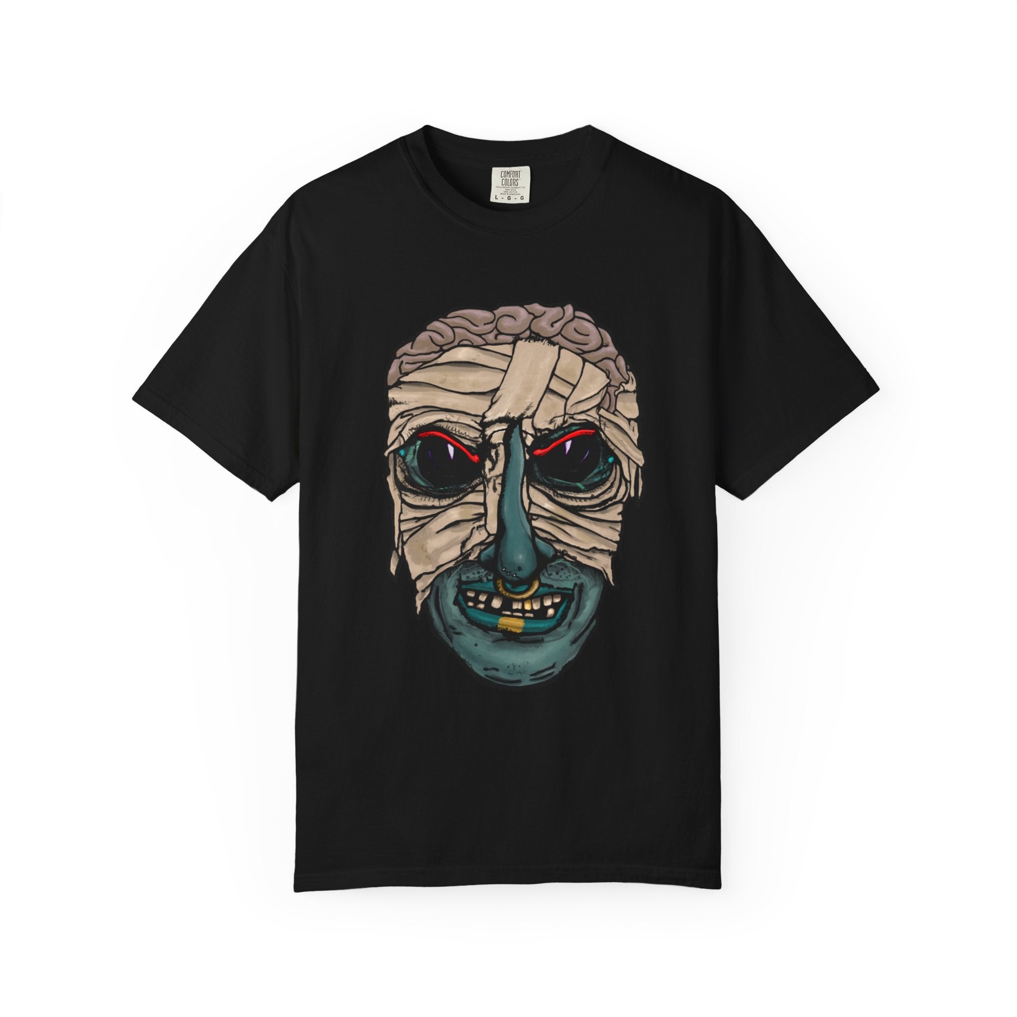 Freaky Features Mummy t-shirt, front shows bandaged mummy head with exposed brain and glowing eyes, back shows open pizza box with brain pizza and worms
