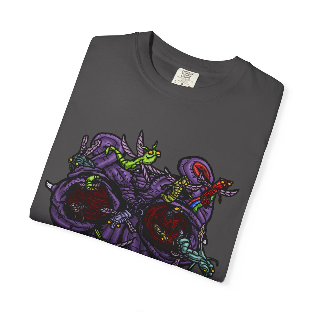 Freaky Features Alien t-shirt, front shows chaotic purple alien tentacles and insect swarm, back shows open pizza box designed as retro TV with pepperoni pizza inside

