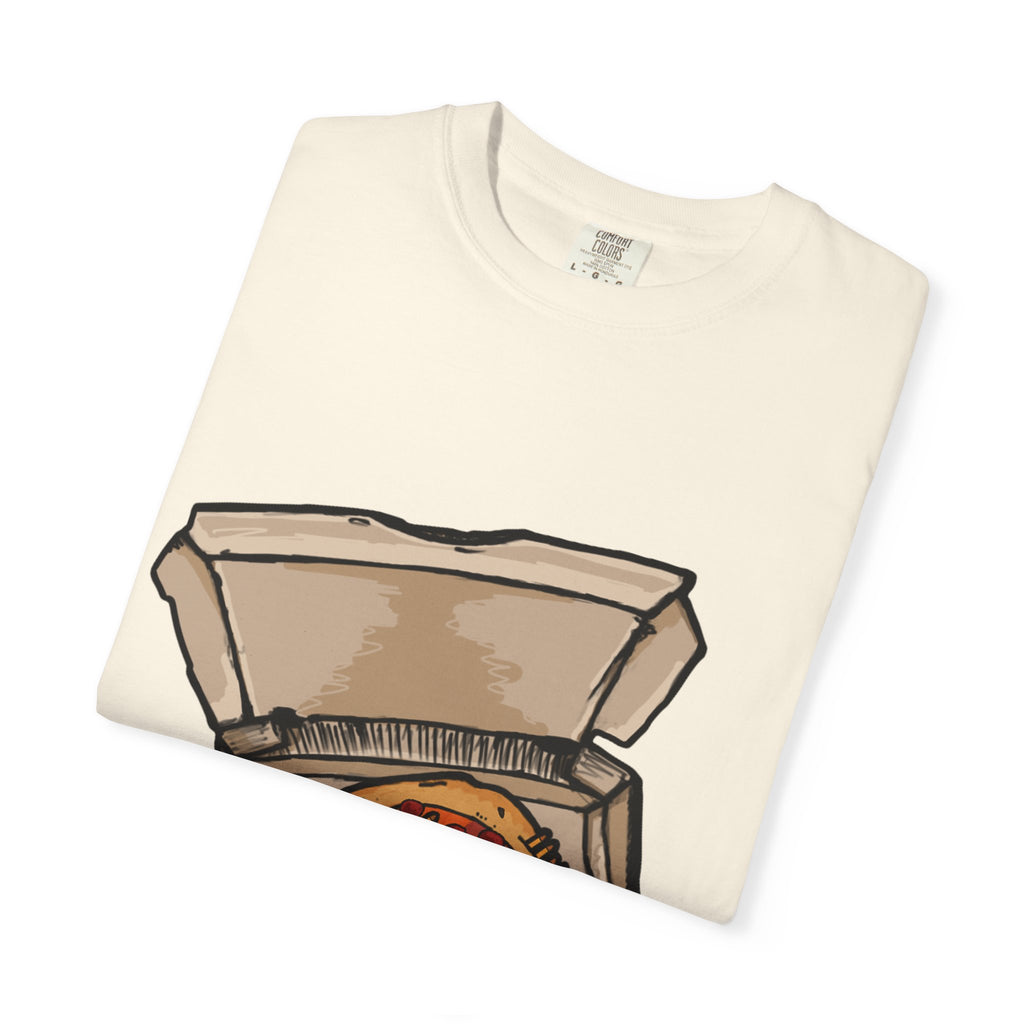 Hand-drawn pepperoni and bullets pizza box t-shirt showing open pizza box with pepperoni pizza surrounded by bullets from PizzaBytes collection

