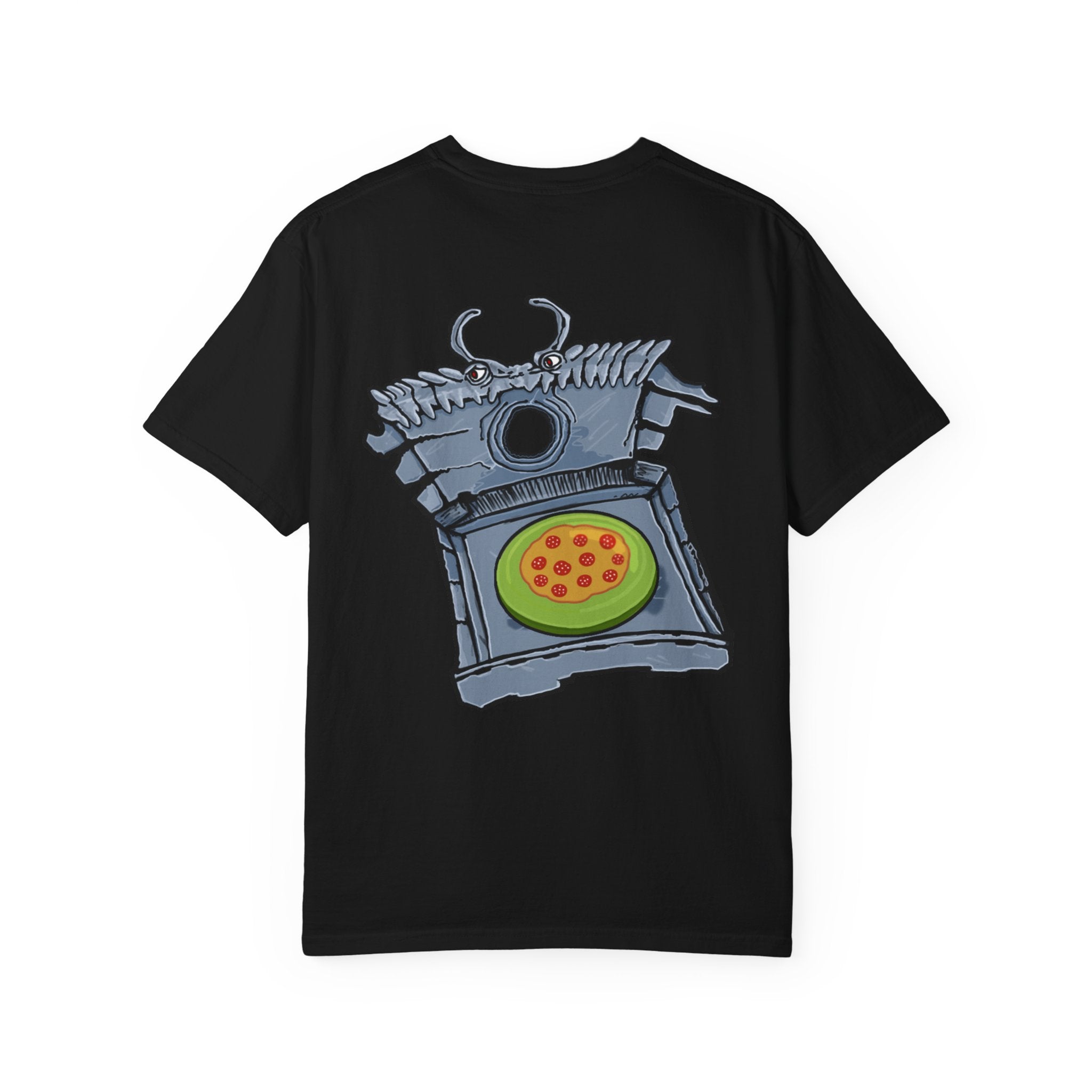 Freaky Features Franky t-shirt, front shows Frankenstein-style monster head with cucumber eyes and poison vial nose, back shows monster-headed pizza box with green pizza frisbee