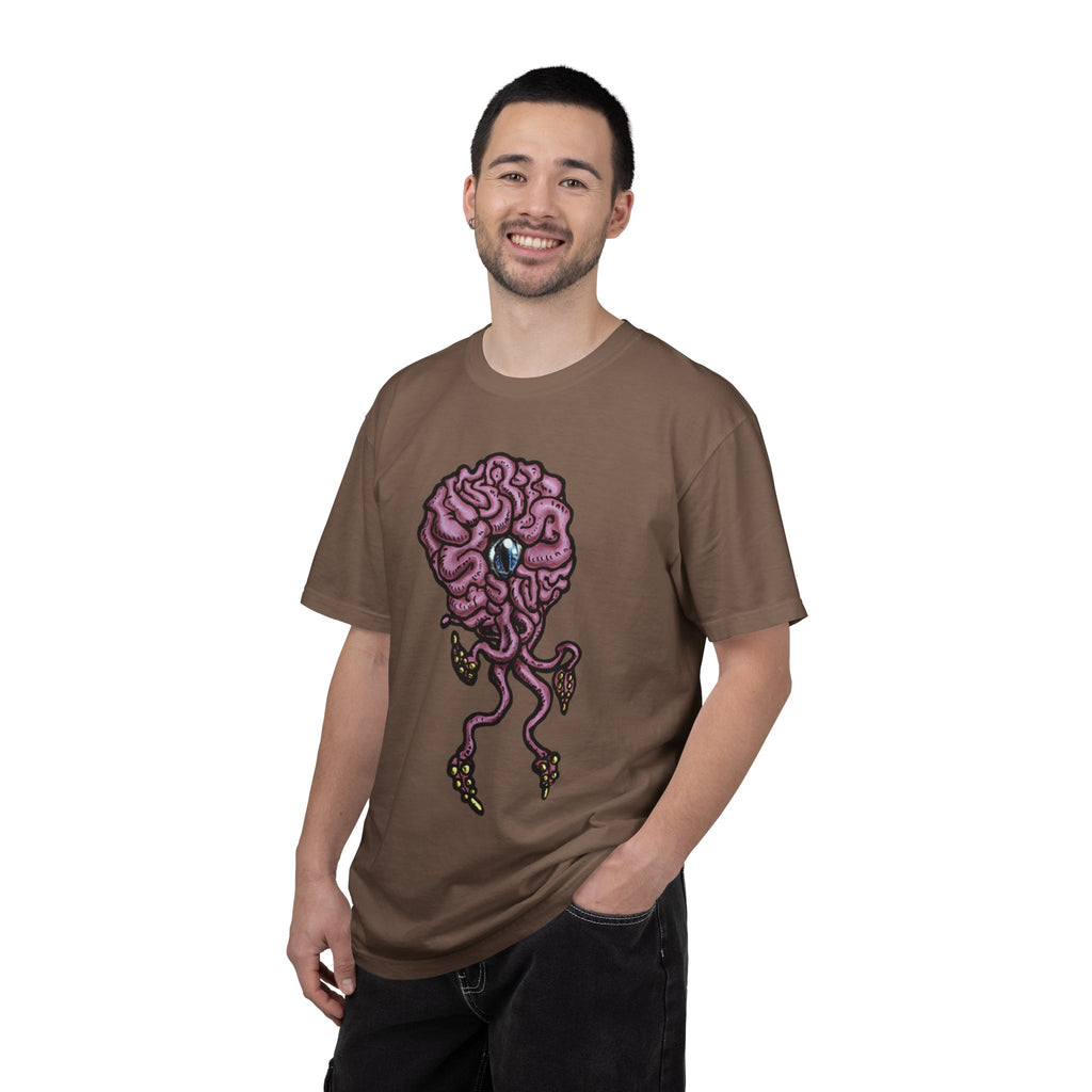 Freaky Features Brian t-shirt, front shows purple brain monster with tentacles, back shows open purple pizza box with a donut inside