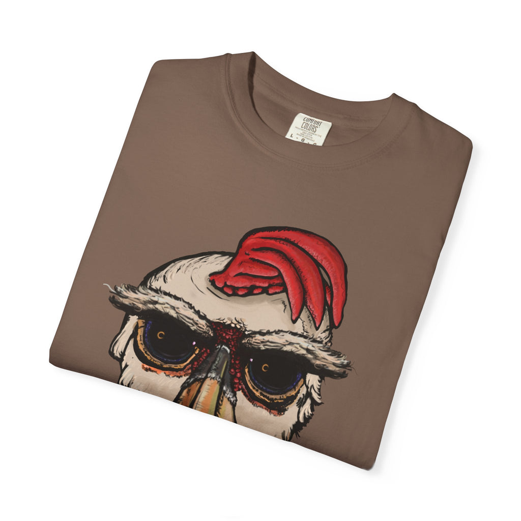 Freaky Features Paranoid Chicken t-shirt, front shows paranoid rooster head, back shows open pizza box with chocolate donut