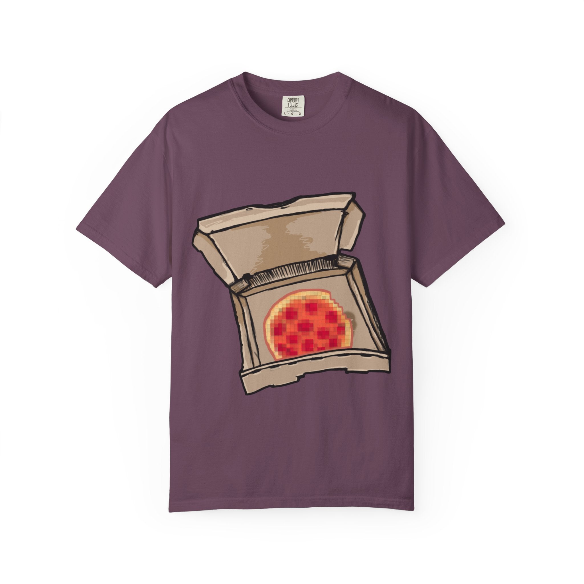 Hand-drawn pixel pizza box t-shirt showing open pizza box with 8-bit pixel art pepperoni pizza from PizzaBytes collection

