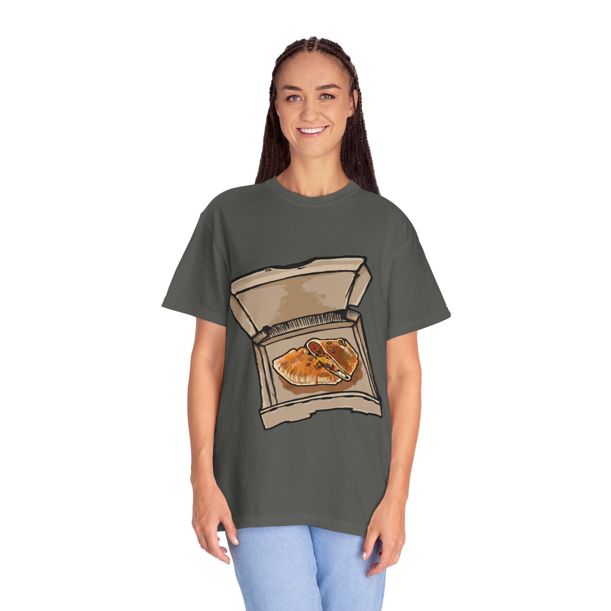 Hand-drawn calzone pizza box t-shirt showing open pizza box with two calzones from PizzaBytes collection

