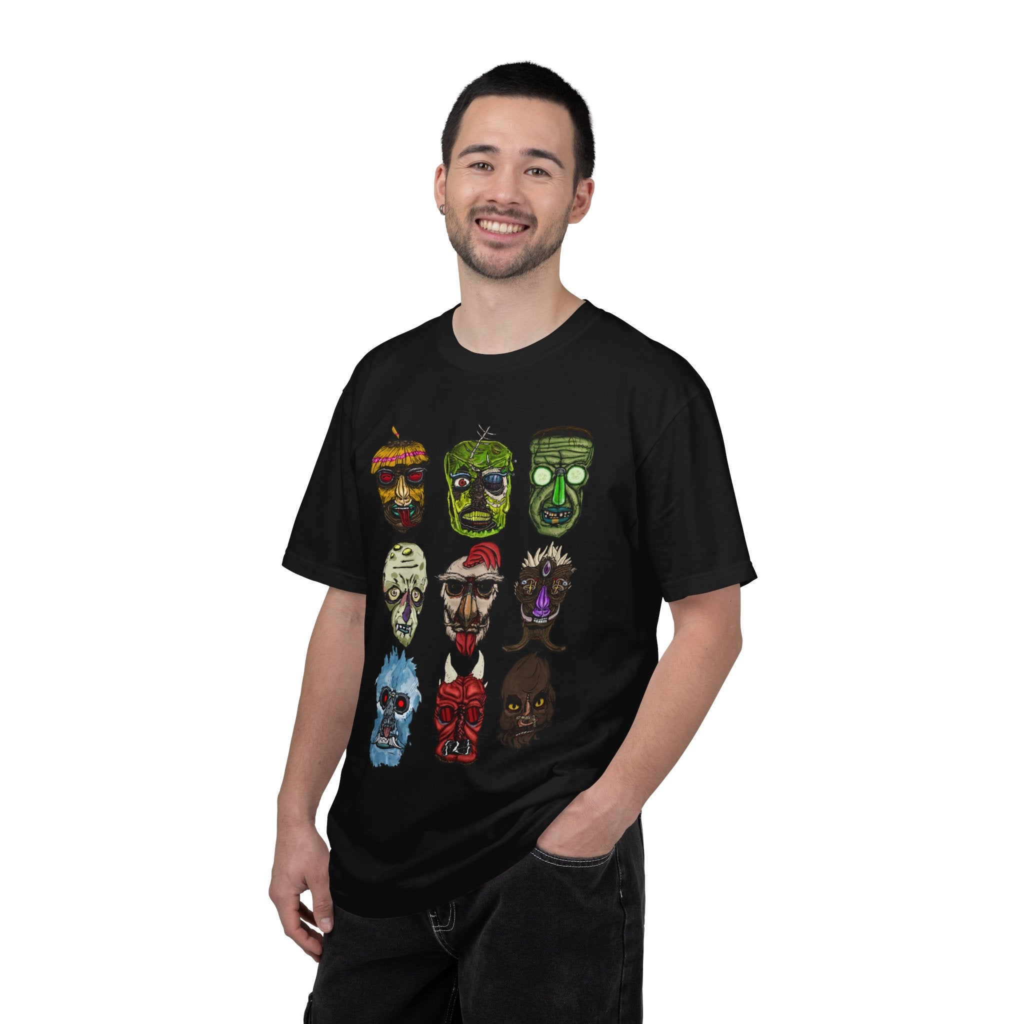 Freaky Features Collective #1 Mirrored t-shirt, front and back show mirrored 3x3 grids of hand-drawn monster heads from the Freaky Features collection
