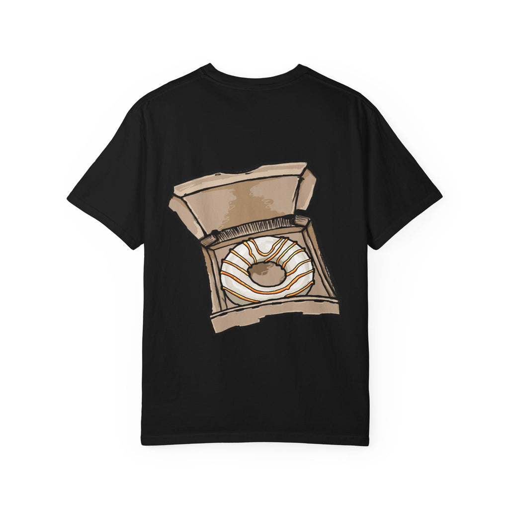 Freaky Features Sandi t-shirt, front shows melting chocolate monster head with ice cream cone nose, back shows open pizza box with donut inside

