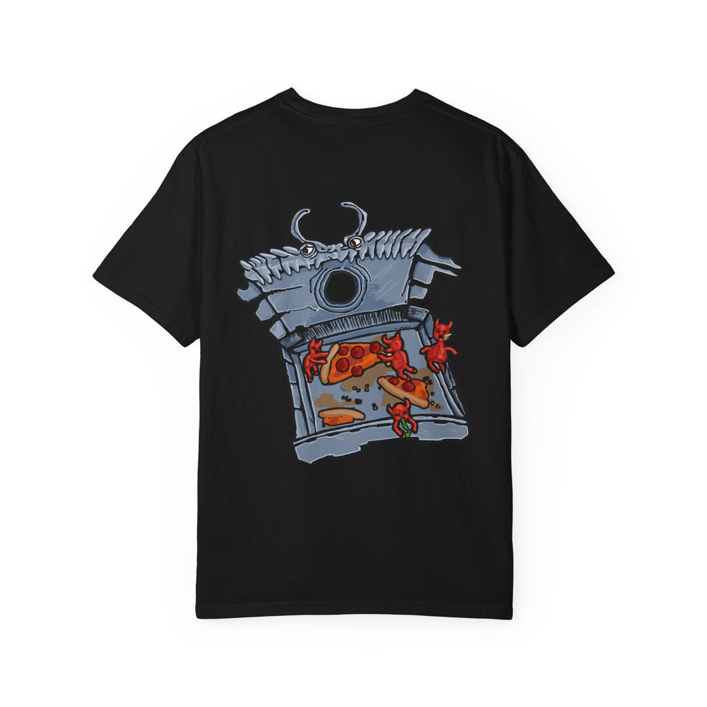 Freaky Features Fire Imp t-shirt, front shows a red bat-winged fire imp, back shows a monster-headed pizza box being raided by little red devils 
