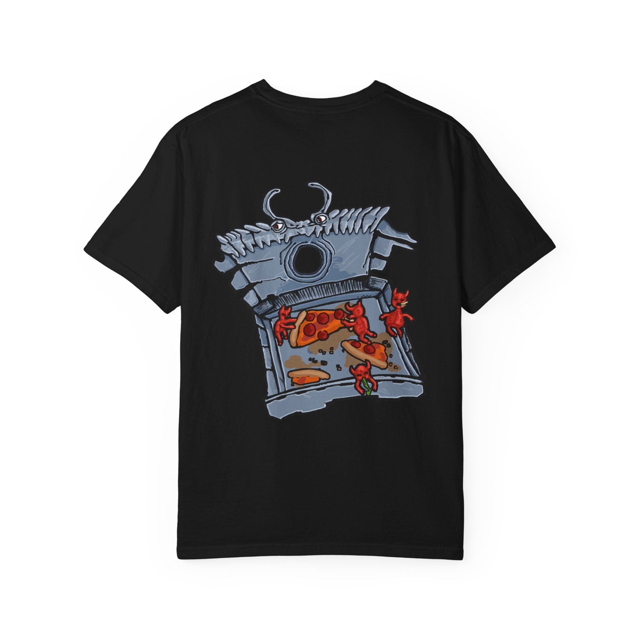 Freaky Features Fire Imp t-shirt, front shows a red bat-winged fire imp, back shows a monster-headed pizza box being raided by little red devils 
