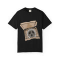Hand-drawn ghost pizza box t-shirt showing open pizza box with a spooky ghost inside from PizzaBytes collection

