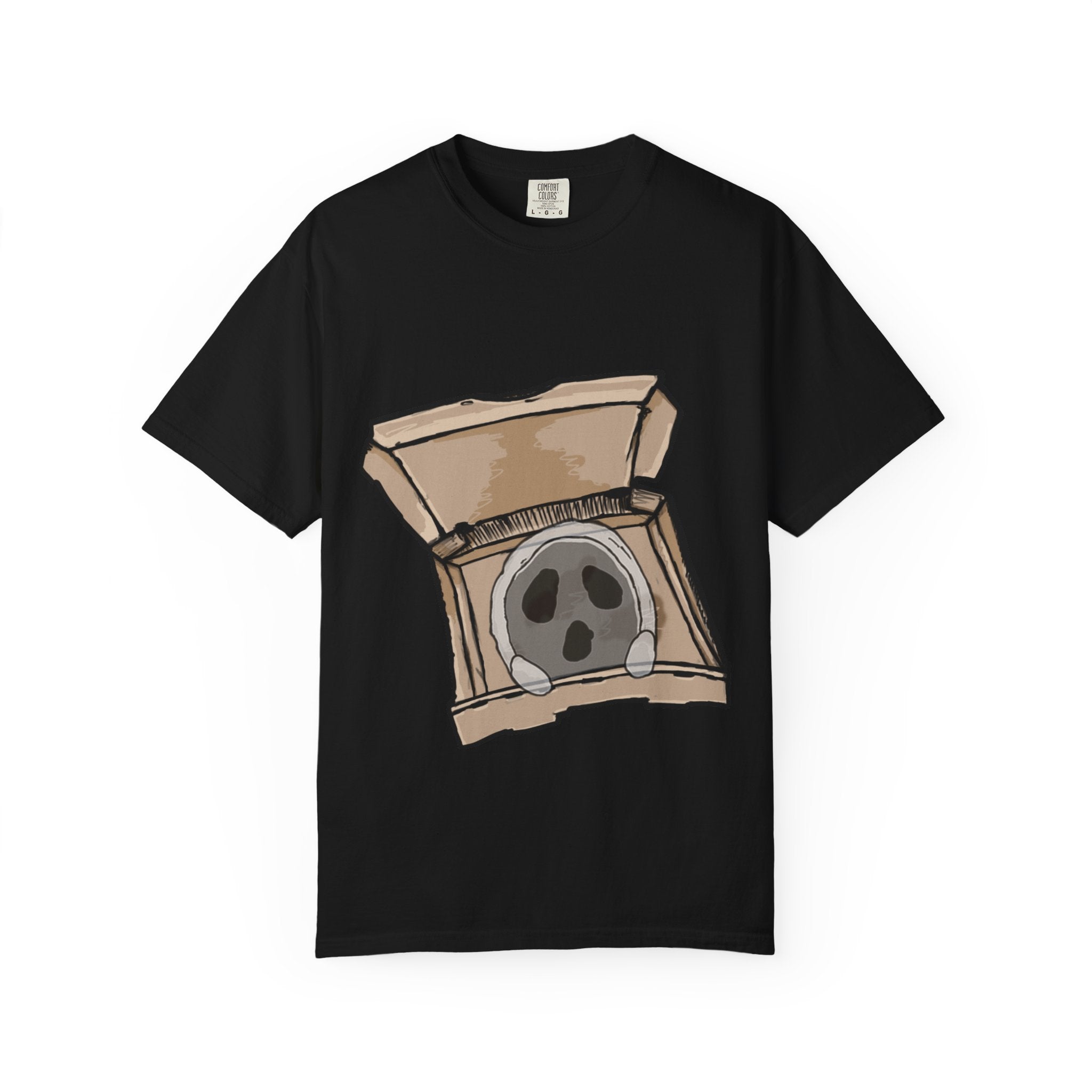 Hand-drawn ghost pizza box t-shirt showing open pizza box with a spooky ghost inside from PizzaBytes collection

