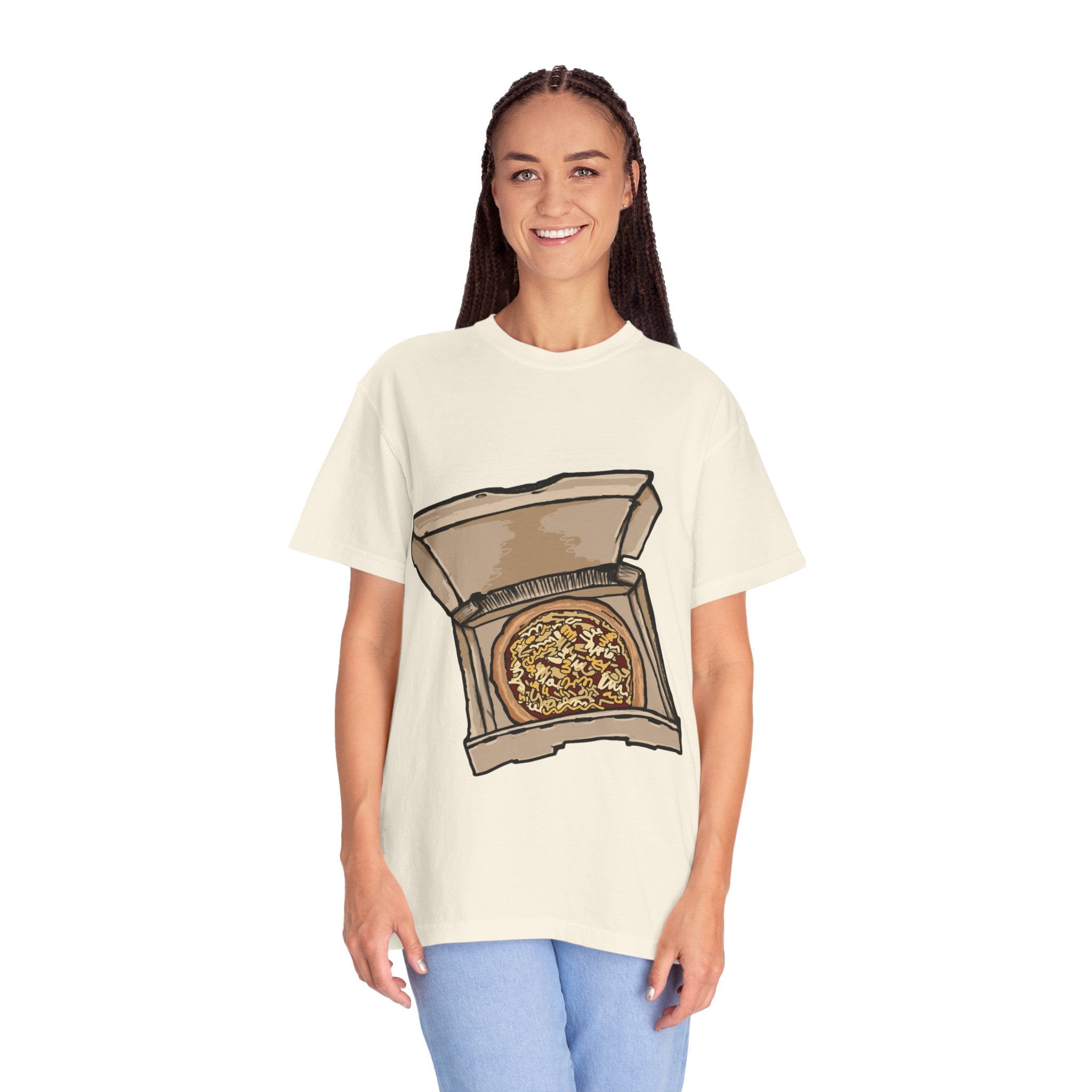 Hand-drawn noodle pizza box t-shirt showing open pizza box with pizza topped with crispy noodles from PizzaBytes collection

