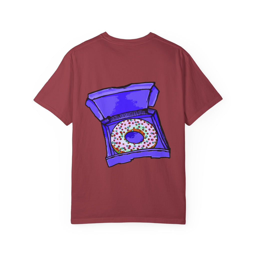 Freaky Features Brian t-shirt, front shows purple brain monster with tentacles, back shows open purple pizza box with a donut inside