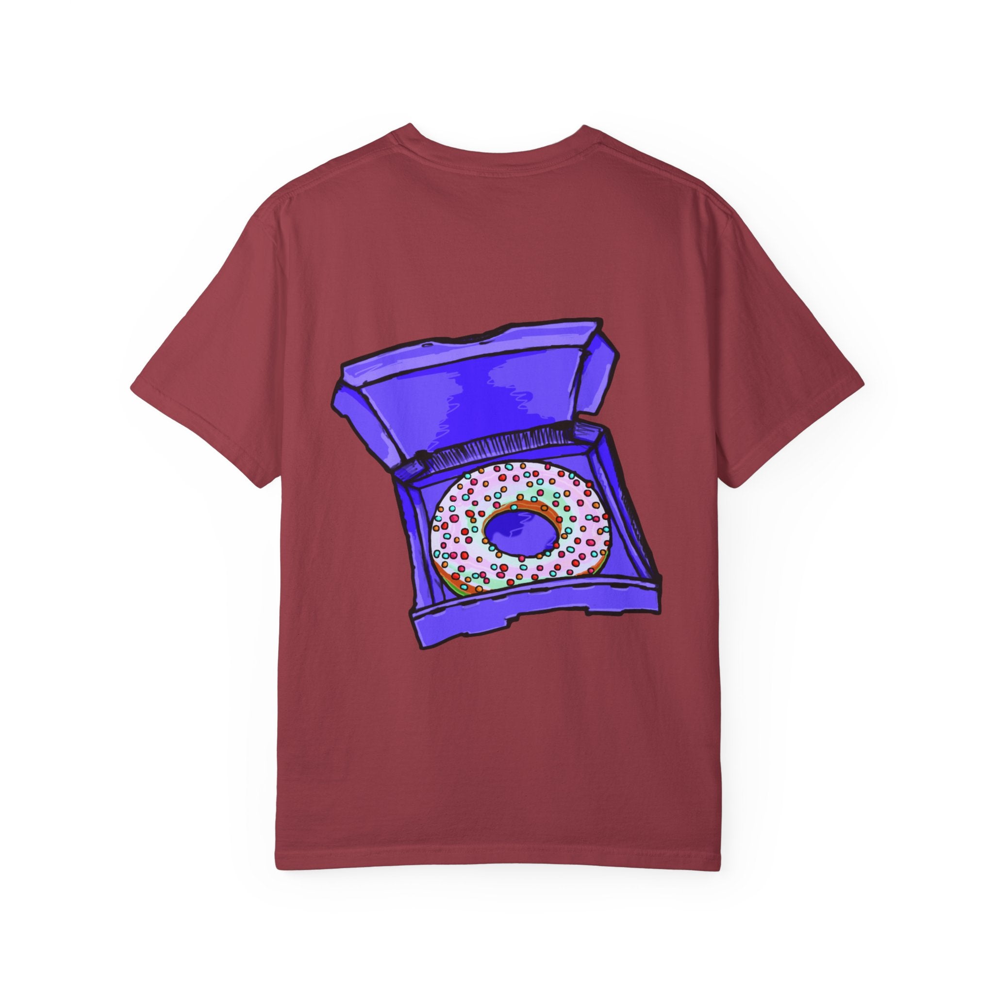 Freaky Features Brian t-shirt, front shows purple brain monster with tentacles, back shows open purple pizza box with a donut inside