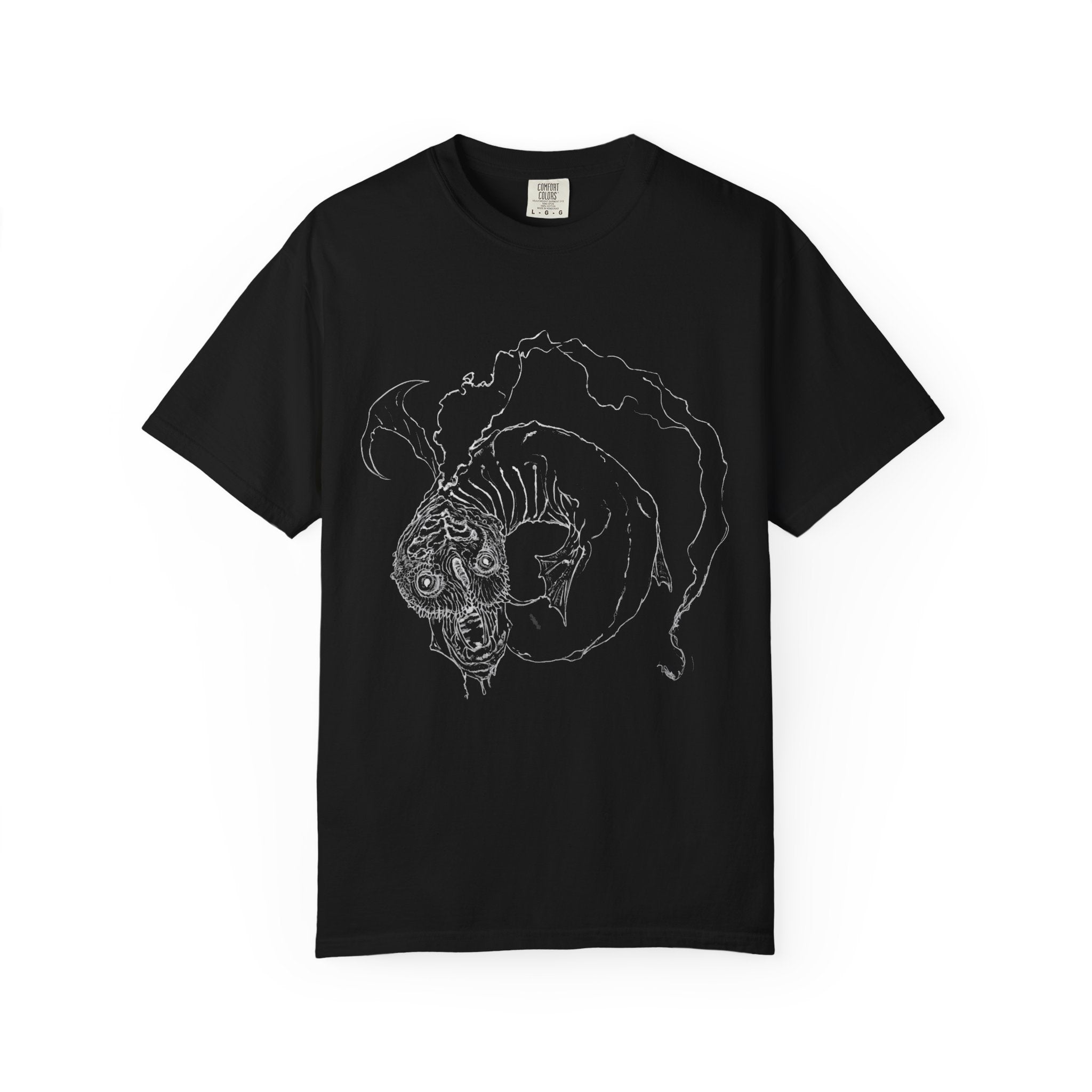 Hand-sketched Fish Monster t-shirt from Serenity Chain collection, eerie deep-sea creature with bulging eyes and flowing fins in white line art on black tee

