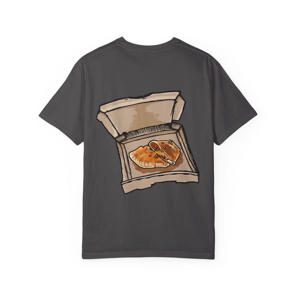 Freaky Features PumpkinJack t-shirt, front shows creepy pumpkin head with vine and candy-corn teeth, back shows open pizza box with two calzones inside