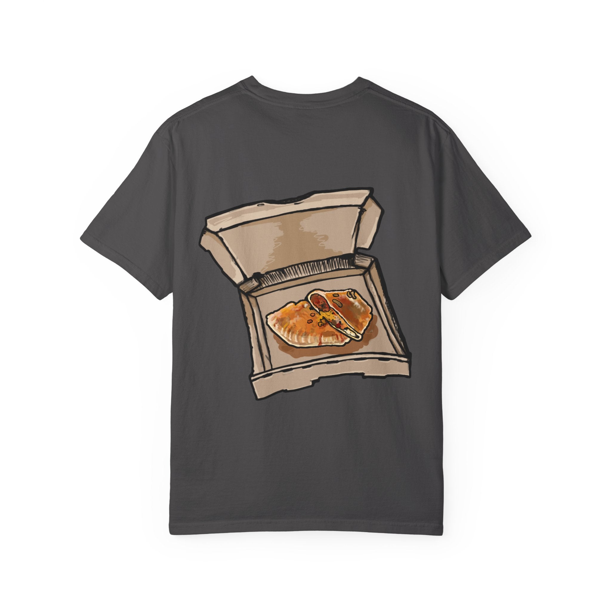 Freaky Features PumpkinJack t-shirt, front shows creepy pumpkin head with vine and candy-corn teeth, back shows open pizza box with two calzones inside