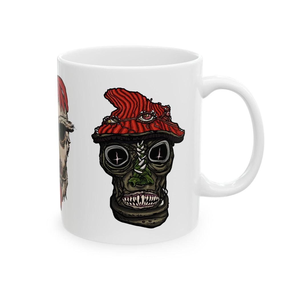 Freaky Features Mummy Chicken Mushroom mug showing three monster designs: bandaged mummy with exposed brain, paranoid rooster with sunglasses, and multi-eyed mushroom skull on white ceramic mug
