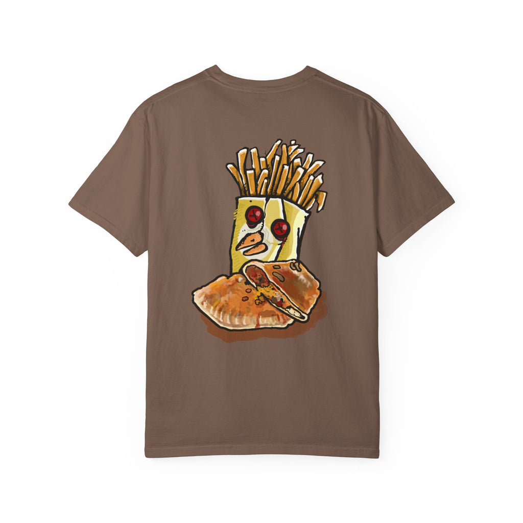 Hand-drawn PizzaBytes Set #4 t-shirt showing a cute blue soda cup monster with heart eyes in front of multiple open pizza boxes from PizzaBytes collection

