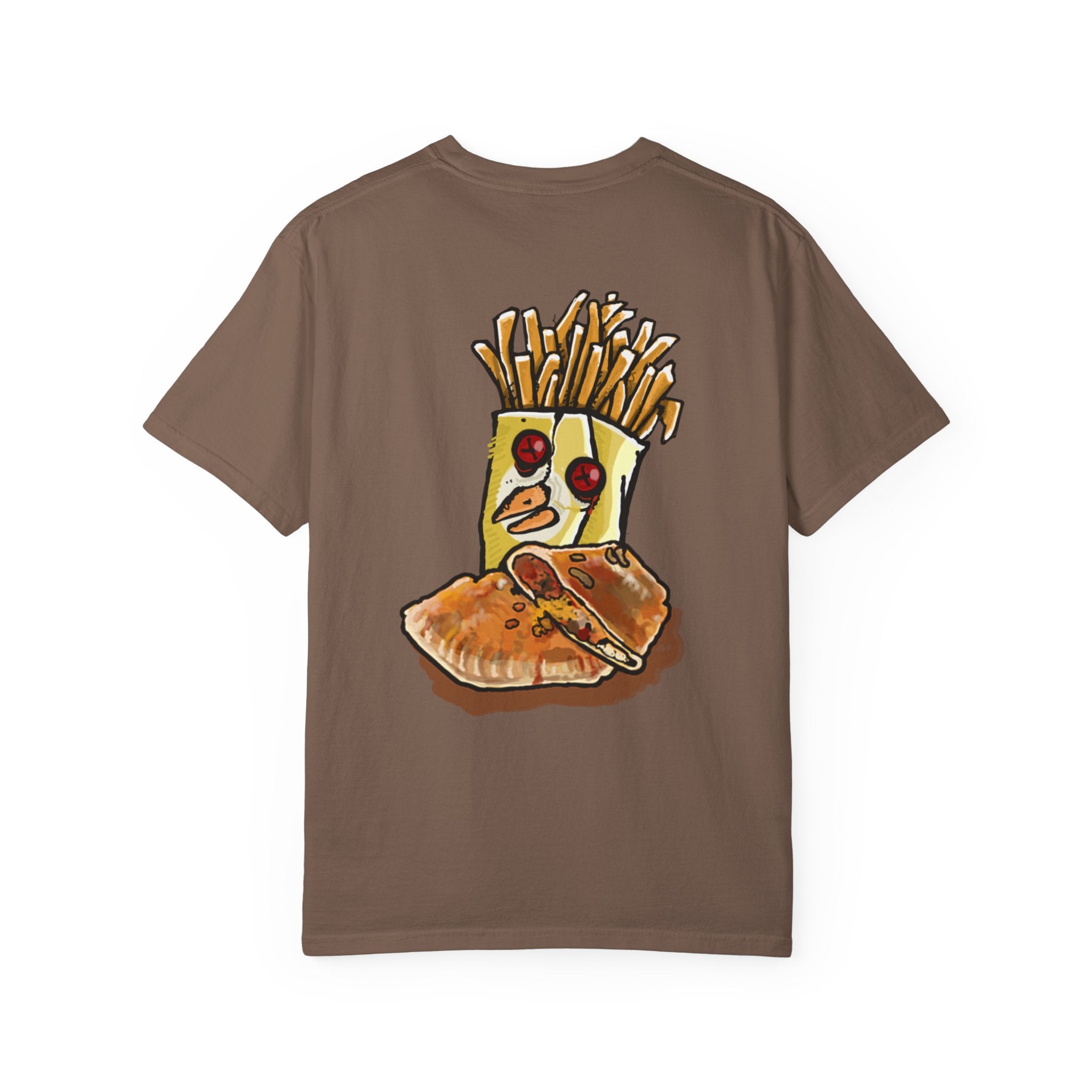 Hand-drawn PizzaBytes Set #4 t-shirt showing a cute blue soda cup monster with heart eyes in front of multiple open pizza boxes from PizzaBytes collection

