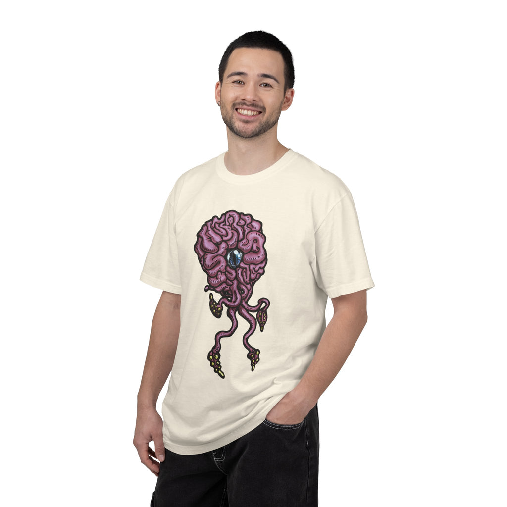 Freaky Features Brian t-shirt, front shows purple brain monster with tentacles, back shows open purple pizza box with a donut inside