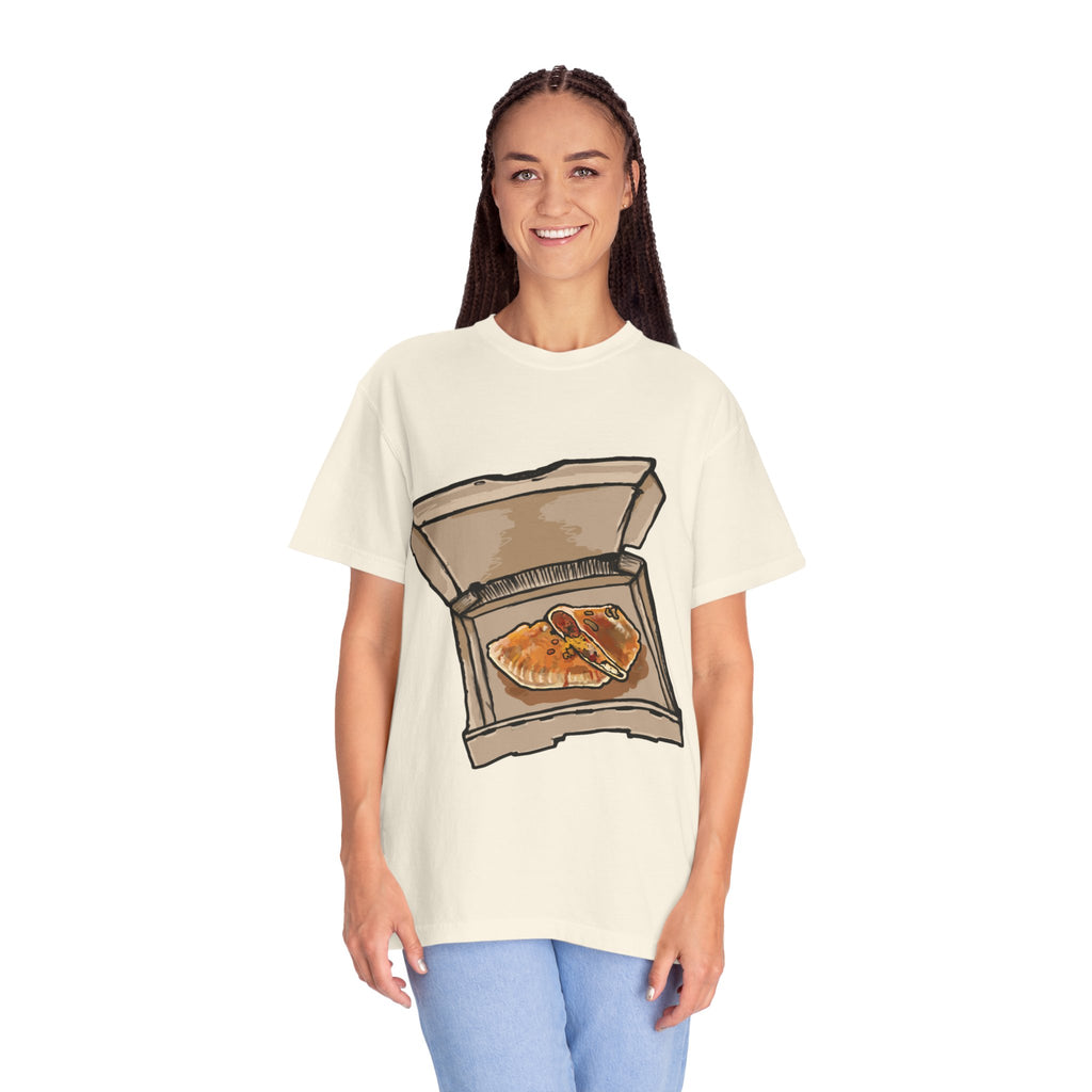 Hand-drawn calzone pizza box t-shirt showing open pizza box with two calzones from PizzaBytes collection

