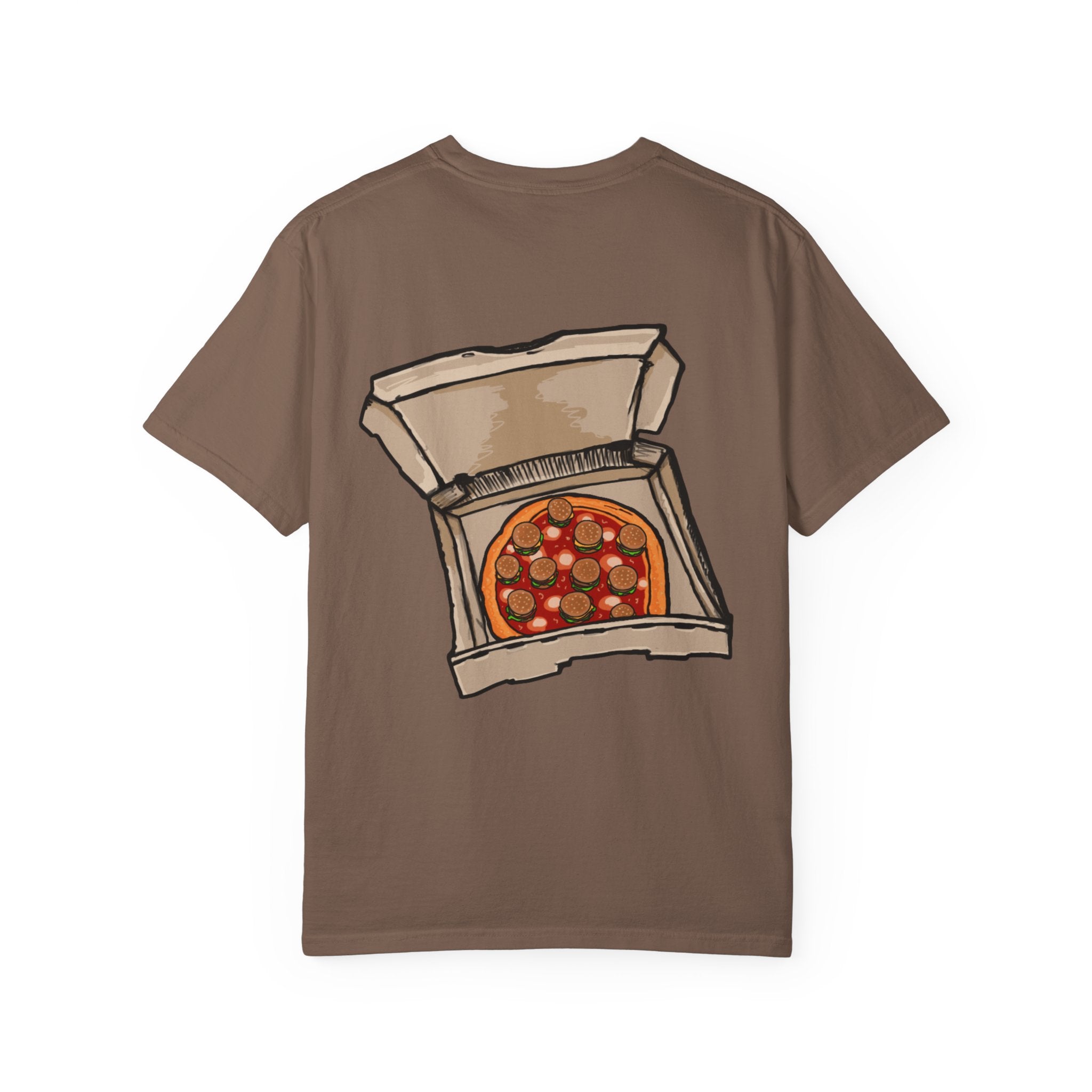 Freaky Features Werewolf t-shirt, front shows werewolf head with glowing yellow eyes and bandaged nose, back shows open pizza box with pepperoni pizza topped with mini cheeseburgers
