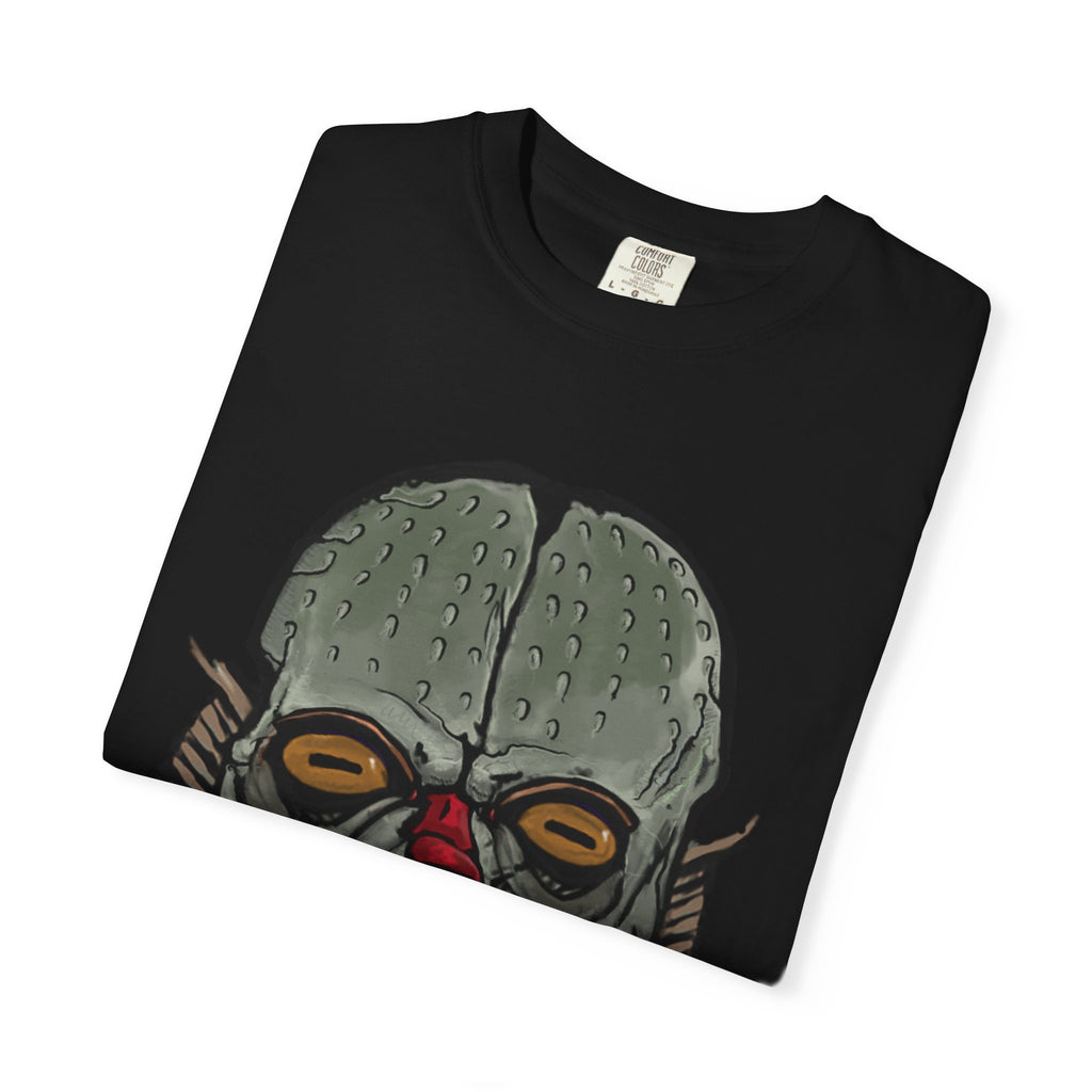 Freaky Features Fishman t-shirt, front shows grotesque fishman with orange eyes and red nose, back shows open pizza box with sewer pizza and skeletons
