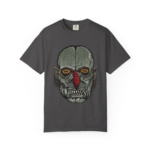 Freaky Features Fishman t-shirt, front shows grotesque fishman with orange eyes and red nose, back shows open pizza box with sewer pizza and skeletons

