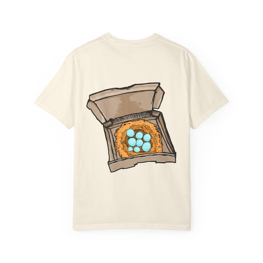 Freaky Features HorrorBird t-shirt, front shows deranged rooster head with long tongue, back shows open pizza box with bird nest and blue eggs

