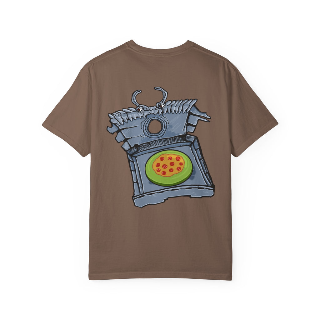 Freaky Features Franky t-shirt, front shows Frankenstein-style monster head with cucumber eyes and poison vial nose, back shows monster-headed pizza box with green pizza frisbee