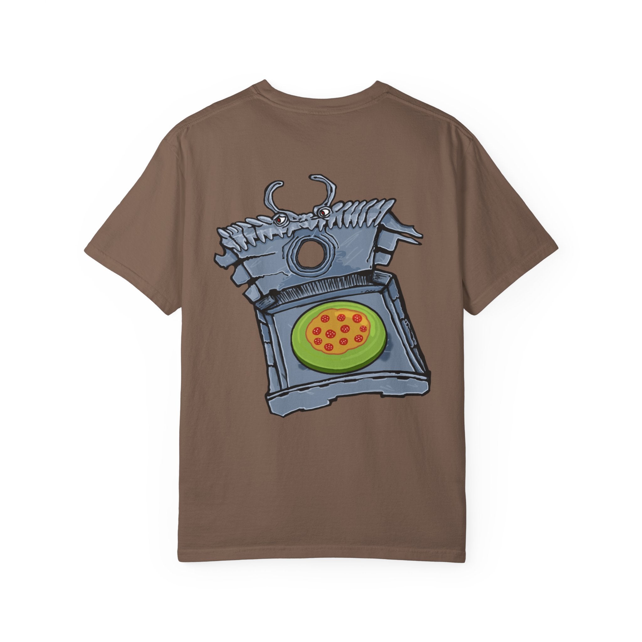 Freaky Features Franky t-shirt, front shows Frankenstein-style monster head with cucumber eyes and poison vial nose, back shows monster-headed pizza box with green pizza frisbee