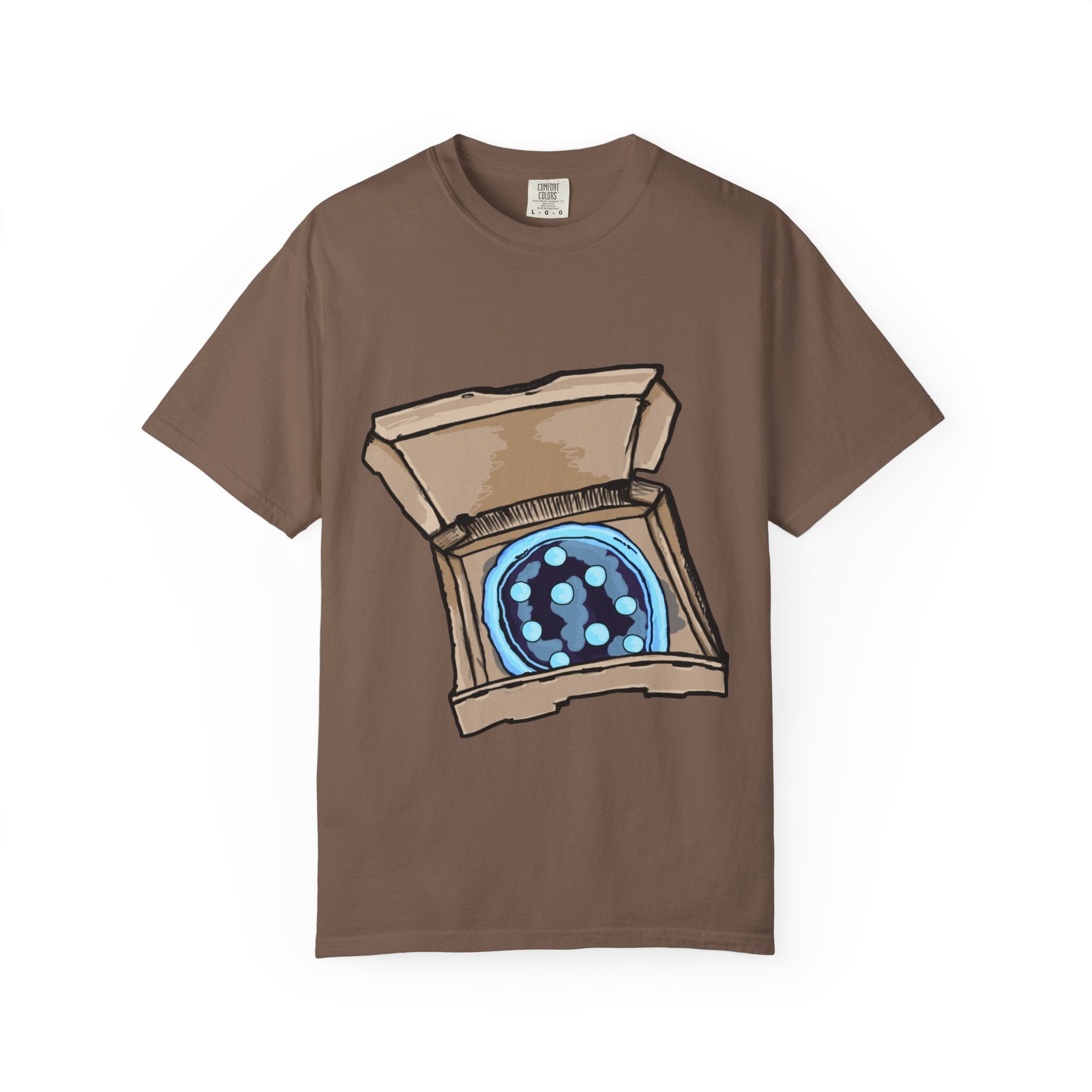 Hand-drawn ice pizza box t-shirt showing open pizza box with glowing blue ice pizza and floating orbs from PizzaBytes collection

