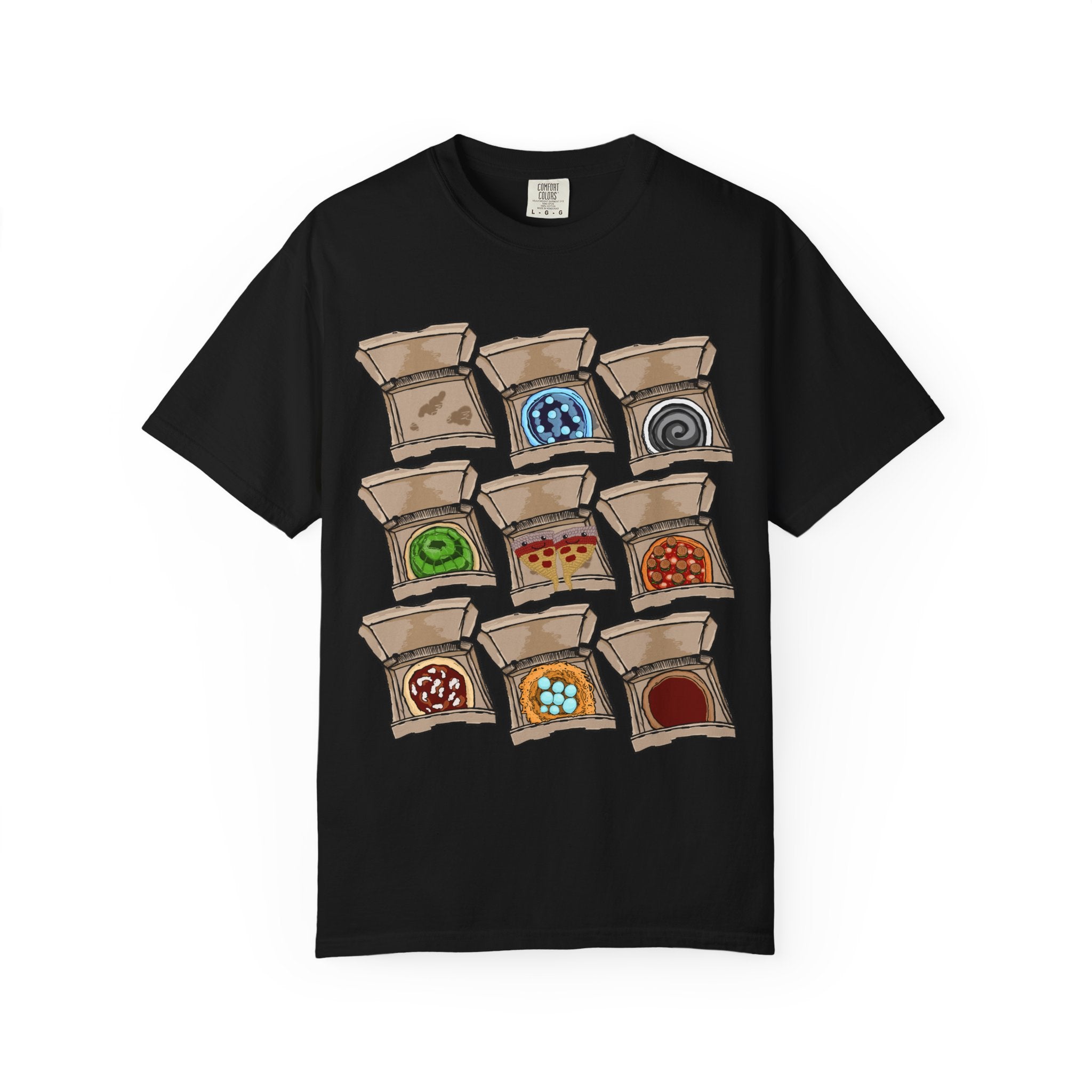 Hand-drawn PizzaBytes Set #2 t-shirt showing a 3x3 grid of open pizza boxes with various weird designs like ice pizza , jelly and bird nest from PizzaBytes collection

