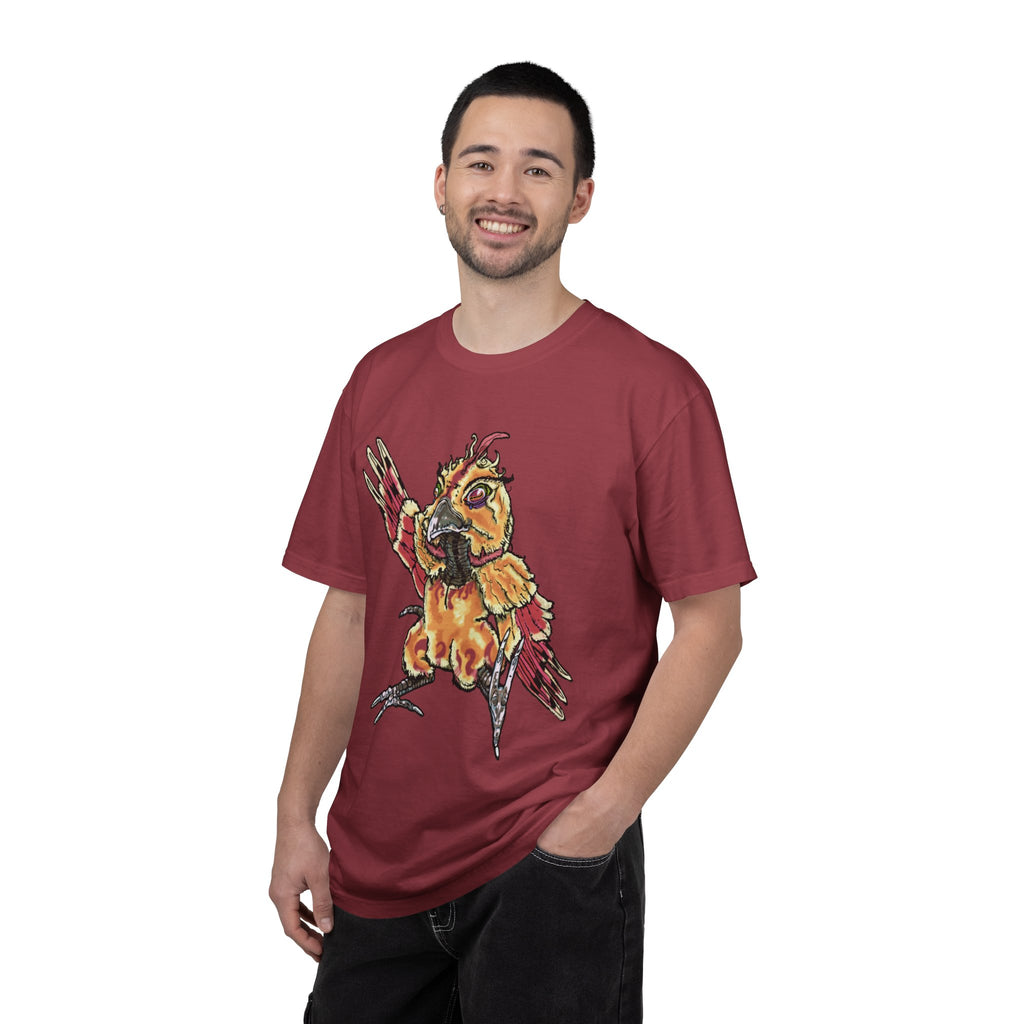 Fiery Inferno Phoenix Pizza Monster T-Shirt, Hand-drawn pizza phoenix with melted cheese flames, pepperoni wings, and glowing eyes on Comfort Colors tee from PizzaBytes collection
