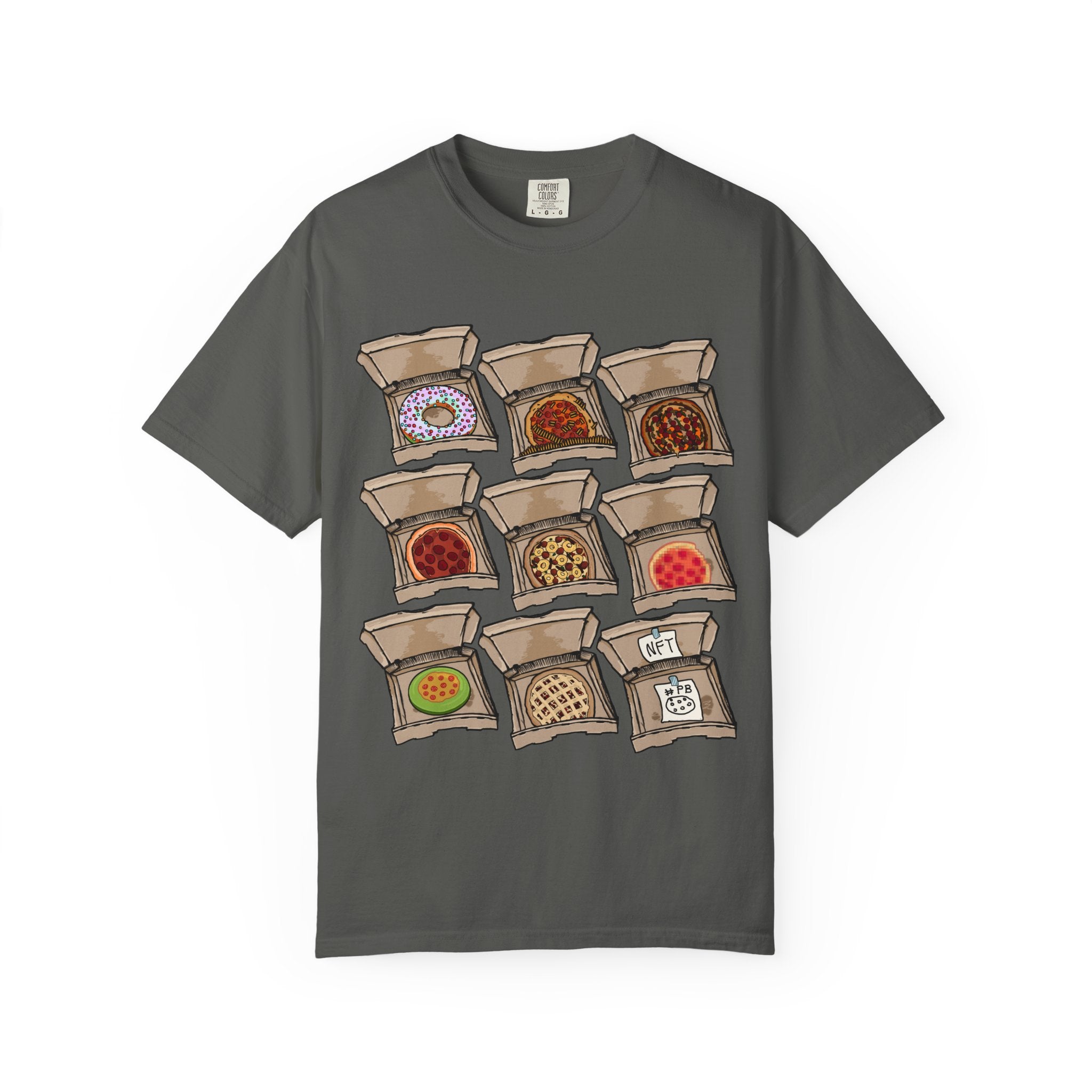 Hand-drawn PizzaBytes Set #3 t-shirt showing a 3x3 grid of open pizza boxes with various weird pizzas including rainbow donut, cherry pie and NFT from PizzaBytes collection

