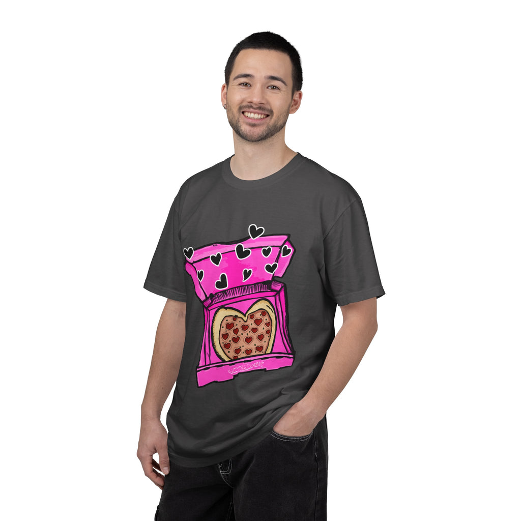 Hand-drawn heart pizza box t-shirt with pink pizza box, heart-shaped pepperoni pizza and floating black hearts on Comfort Color tee from PizzaBytes collection
