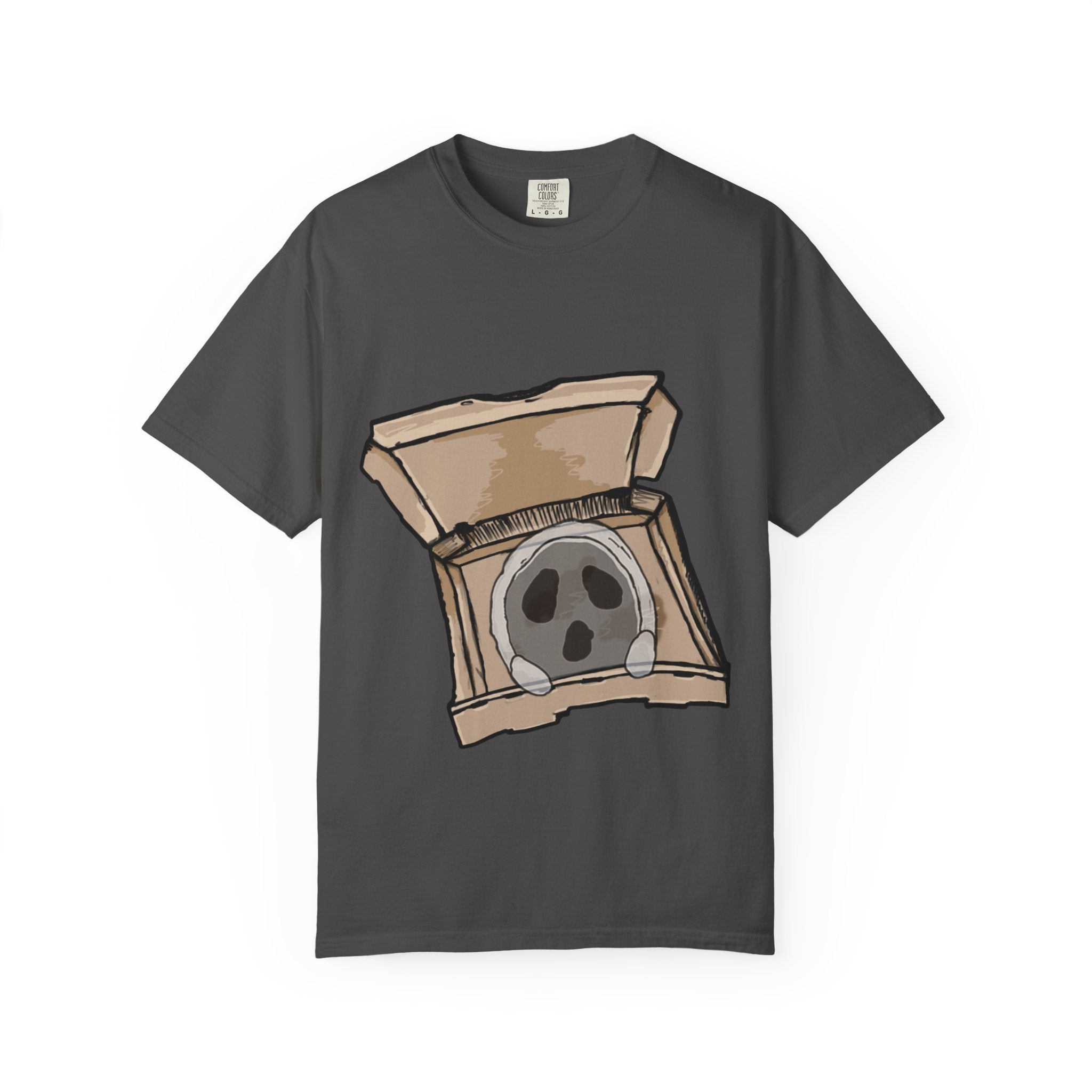 Hand-drawn ghost pizza box t-shirt showing open pizza box with a spooky ghost inside from PizzaBytes collection

