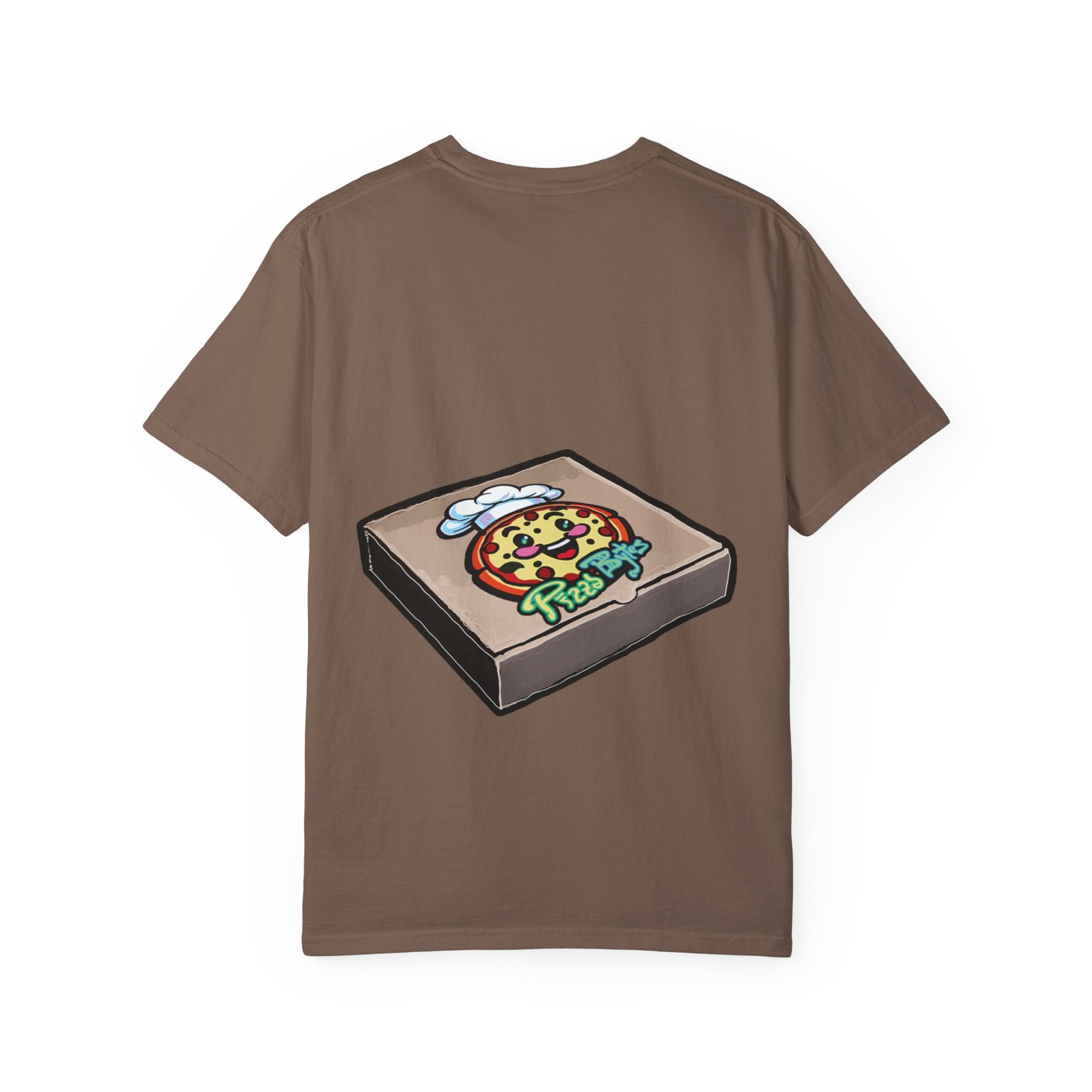Hand-drawn pizza-stealing seagull monster t-shirt, outstretched wings and purple legs on tee from PizzaBytes collection