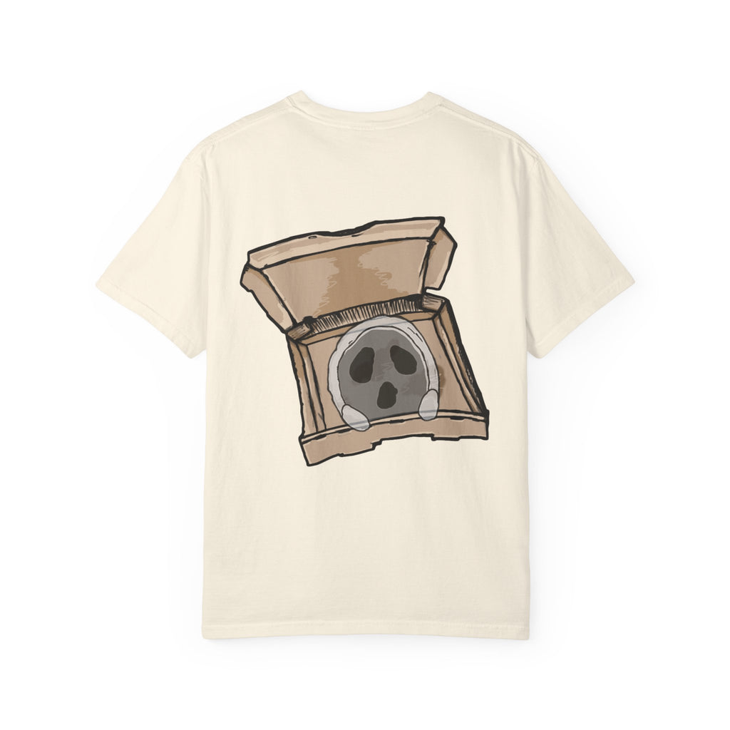 Freaky Features Ghost t-shirt, front shows creepy ghost hood with weapons and screaming eye mouth, back shows open pizza box with floating ghost face
