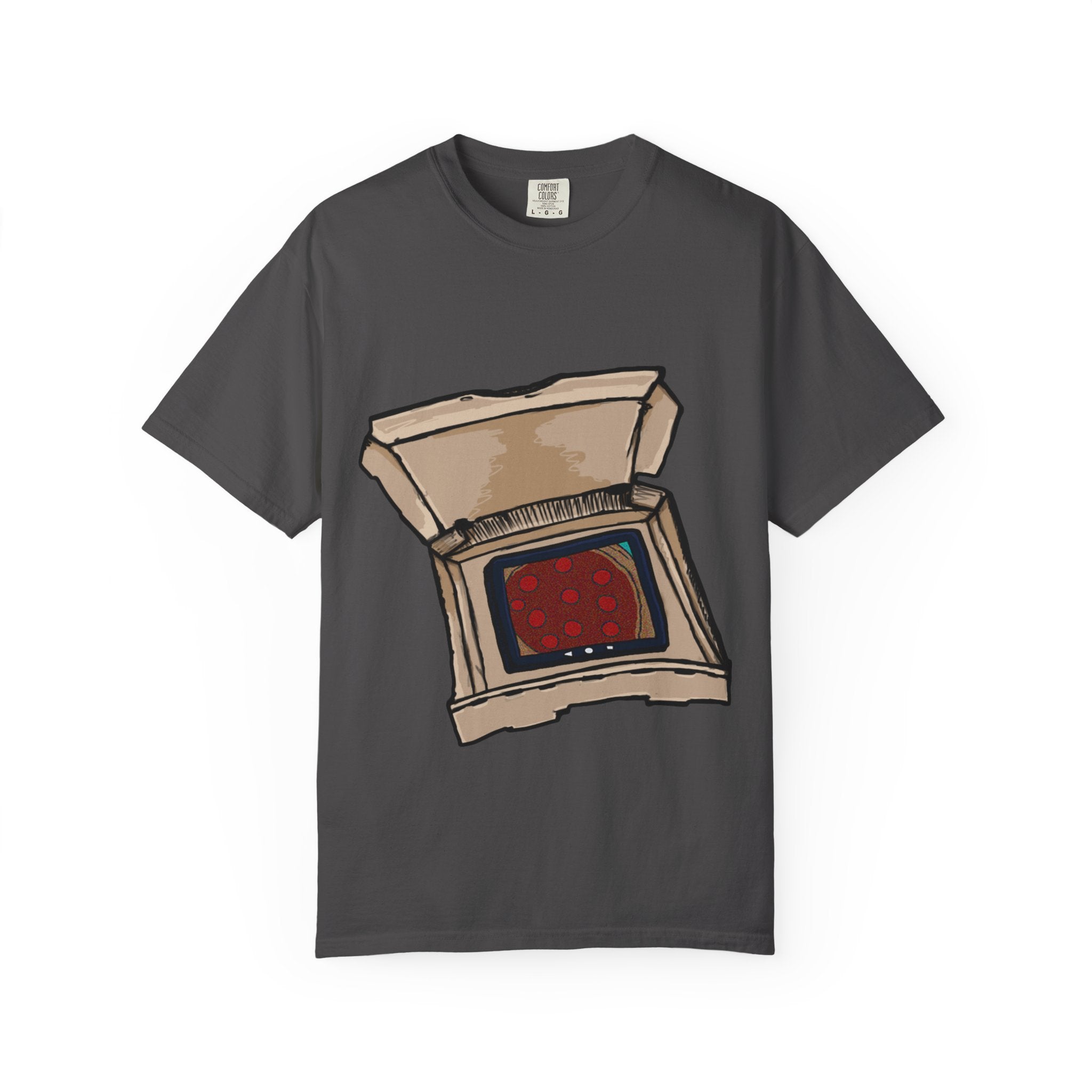 Hand-drawn TV pizza box t-shirt showing open pizza box turned into a retro television with pepperoni pizza on the screen from PizzaBytes collection

