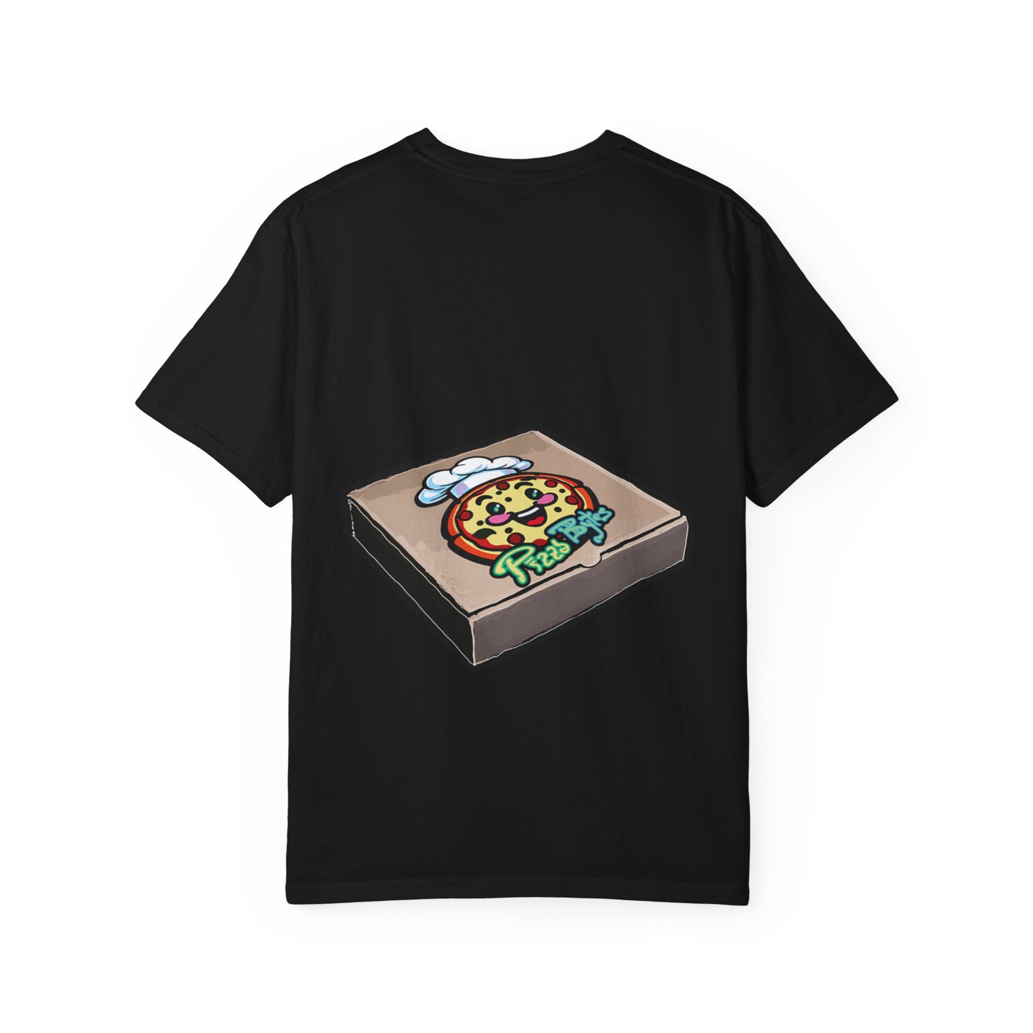 Hand-drawn pixel pizza box t-shirt showing open pizza box with 8-bit pixel art pepperoni pizza from PizzaBytes collection

