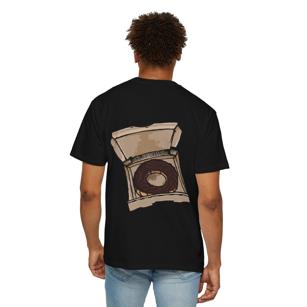 Freaky Features Paranoid Chicken t-shirt, front shows paranoid rooster head, back shows open pizza box with chocolate donut