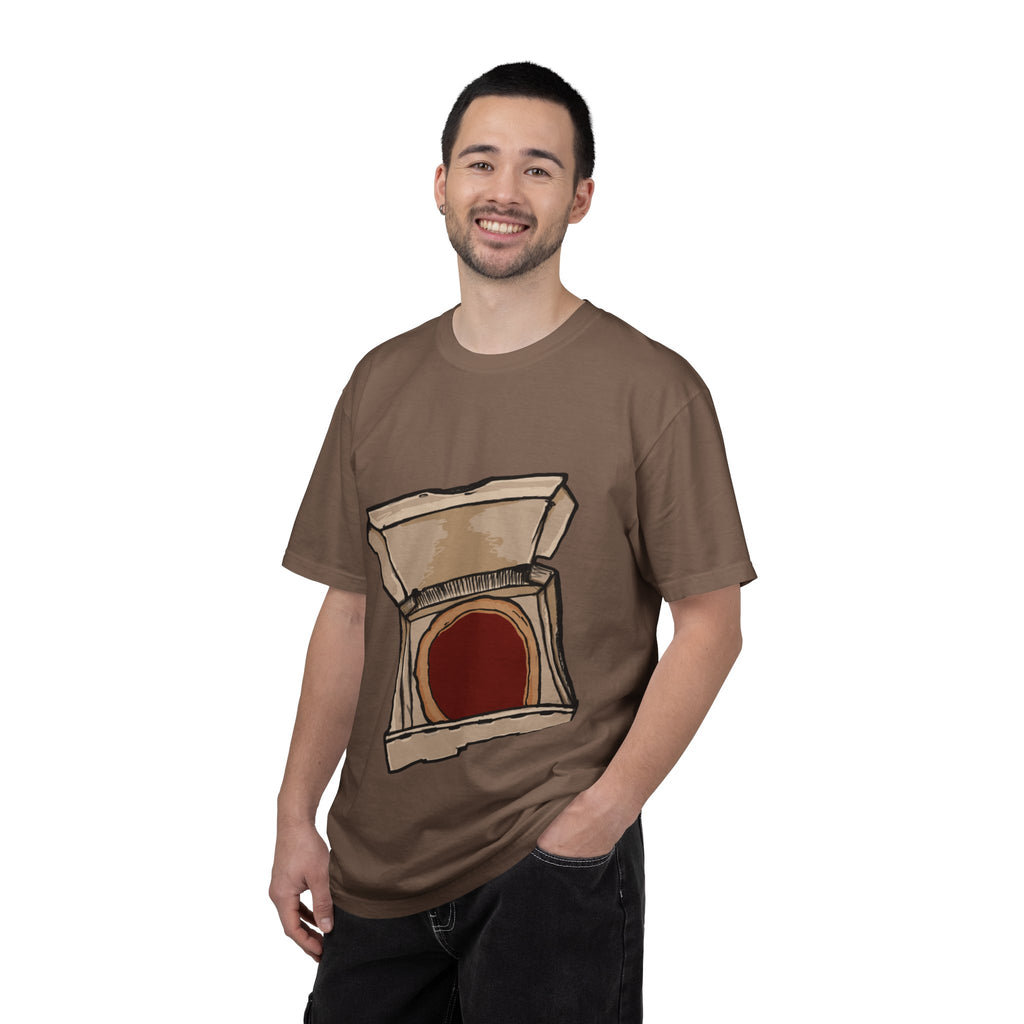 Hand-drawn red sauce pizza box t-shirt showing open pizza box with red sauce pizza from PizzaBytes collection

