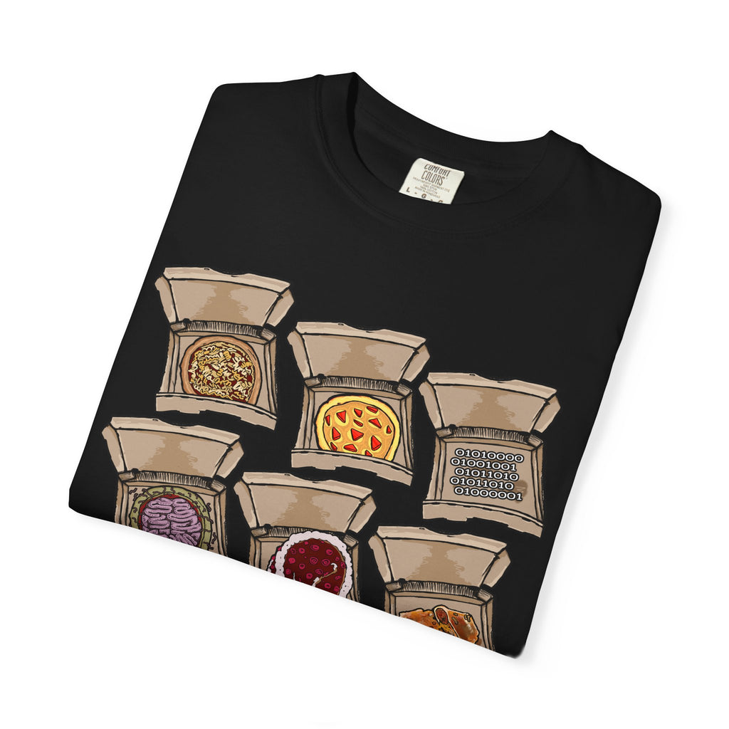 Hand-drawn PizzaBytes Set #1 t-shirt showing a 3x3 grid of open pizza boxes with brain pizza, ghost pizza, donut, binary code and more weird designs from PizzaBytes collection

