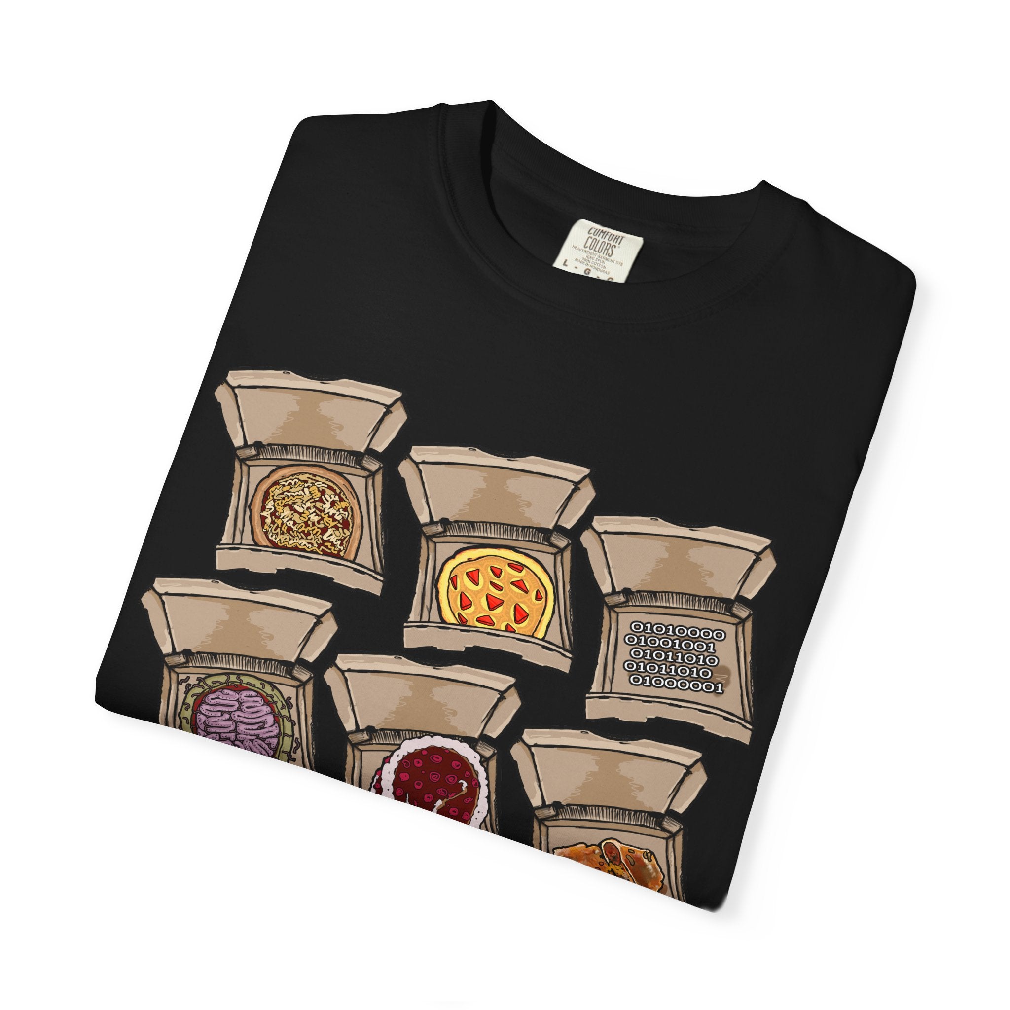 Hand-drawn PizzaBytes Set #1 t-shirt showing a 3x3 grid of open pizza boxes with brain pizza, ghost pizza, donut, binary code and more weird designs from PizzaBytes collection

