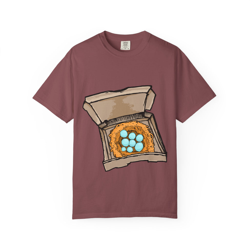 Hand-drawn bird nest pizza box t-shirt showing open pizza box with a straw nest and blue eggs from PizzaBytes collection

