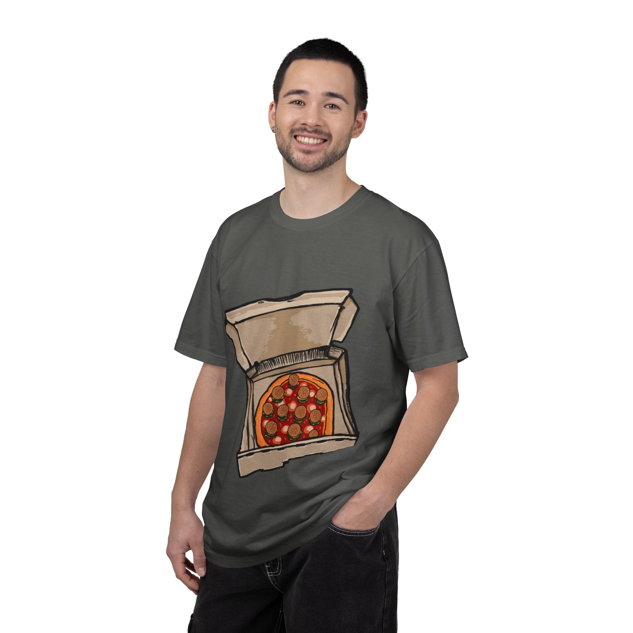 Hand-drawn burger pizza box t-shirt showing open pizza box with pepperoni pizza topped with mini cheeseburgers on Comfort tee from PizzaBytes collection